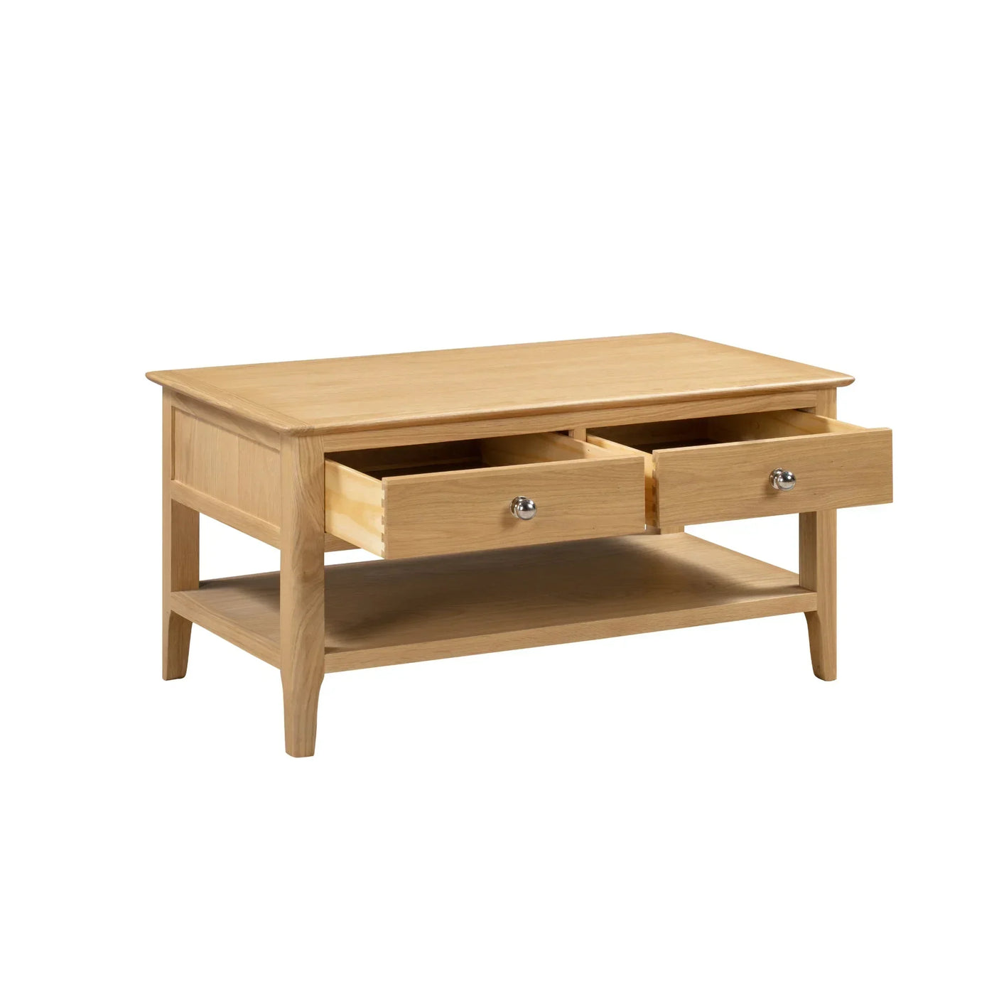 Oak coffee table with two drawers and lower shelf on white background