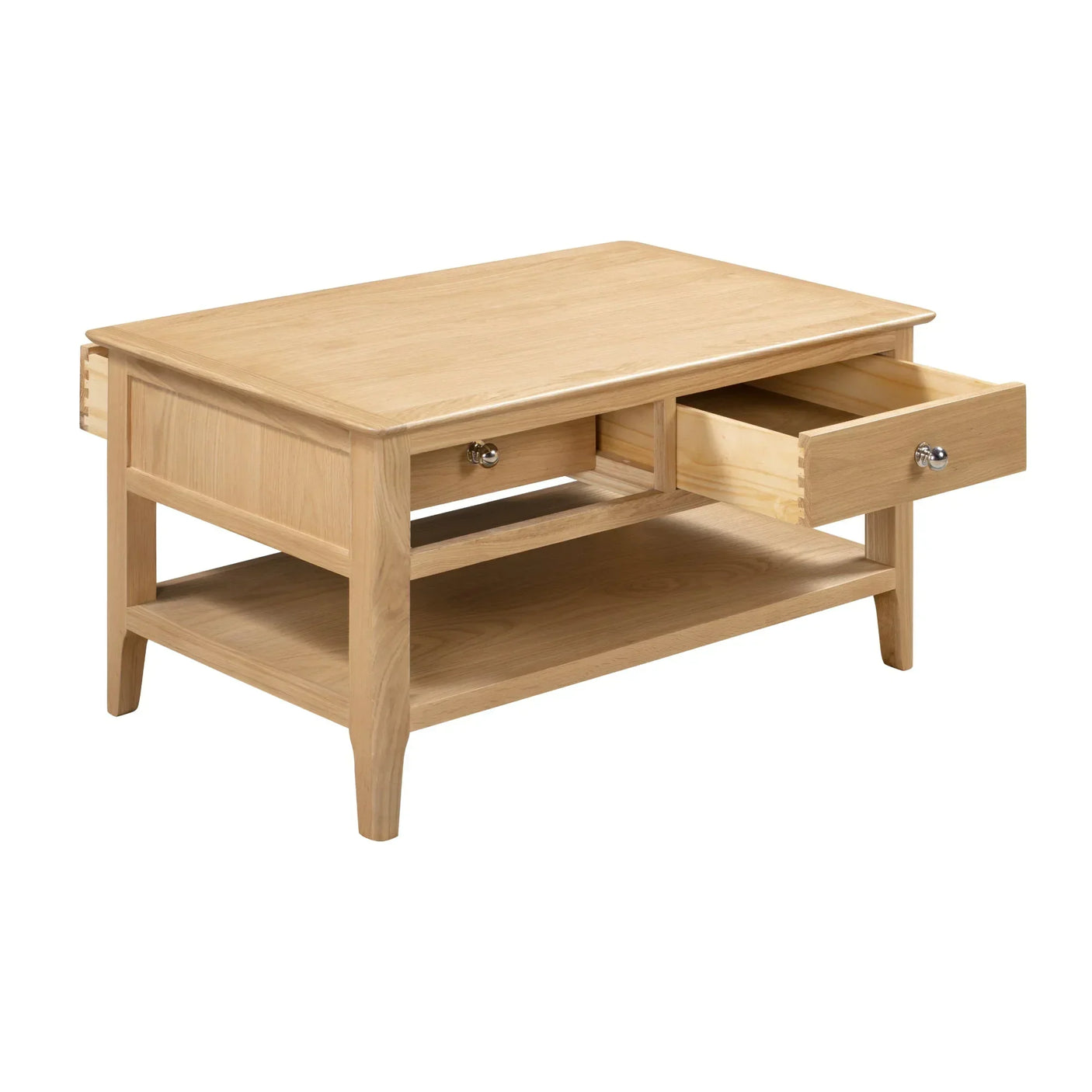 Oak coffee table with two open drawers and lower shelf, angled view