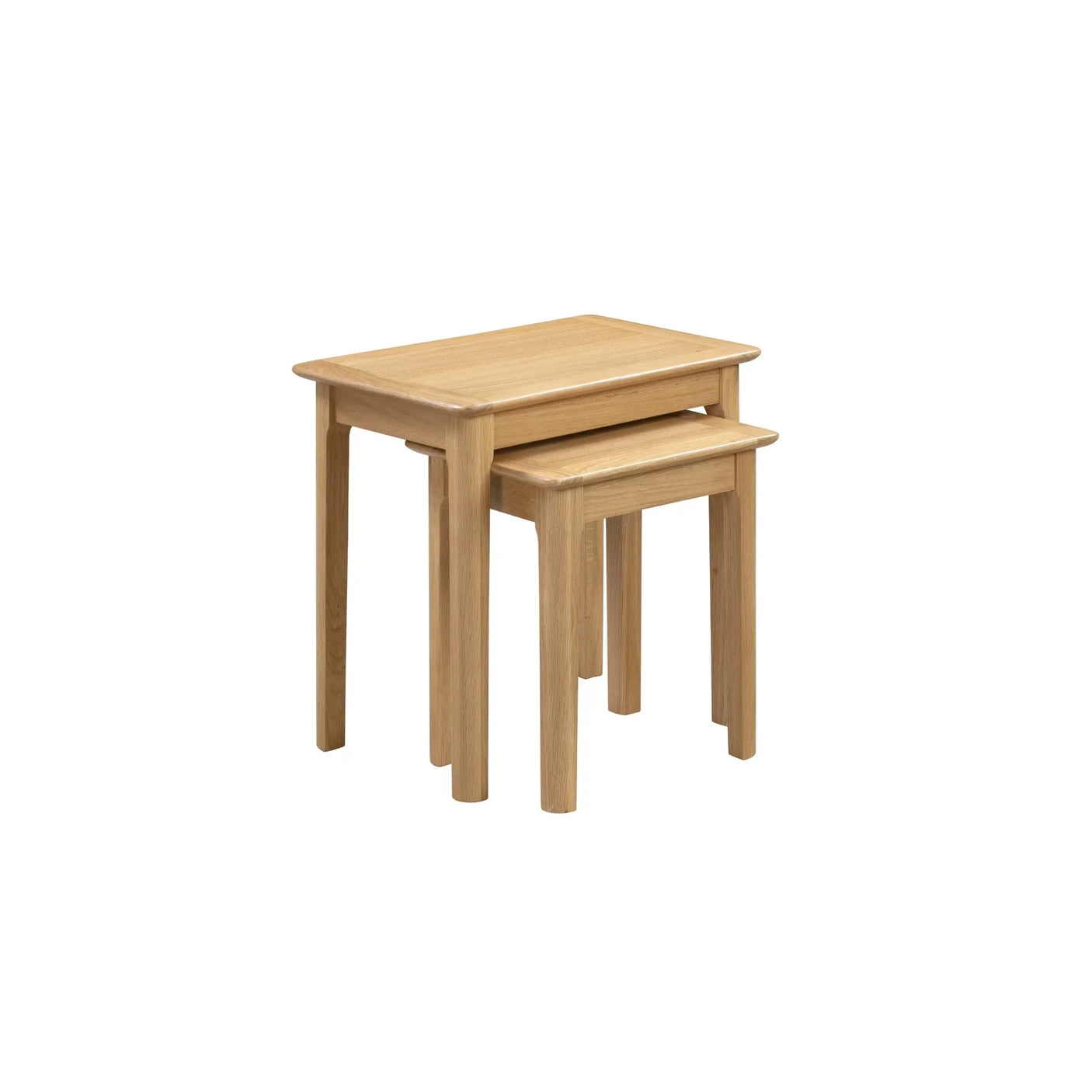 Oak nest of tables set with rectangular tops and clean lines on white background