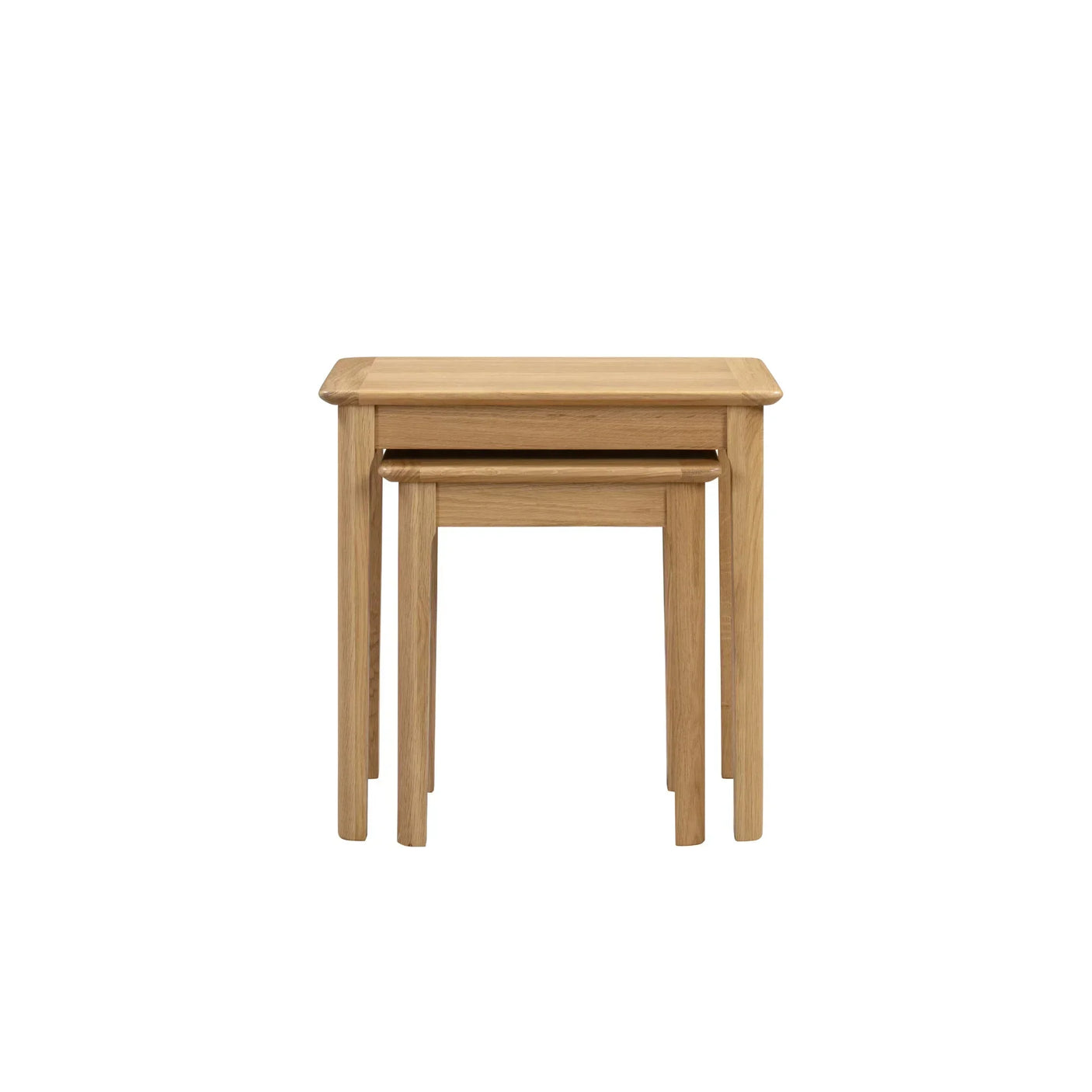 Oak nest of tables with two stacked pieces, natural finish, front view