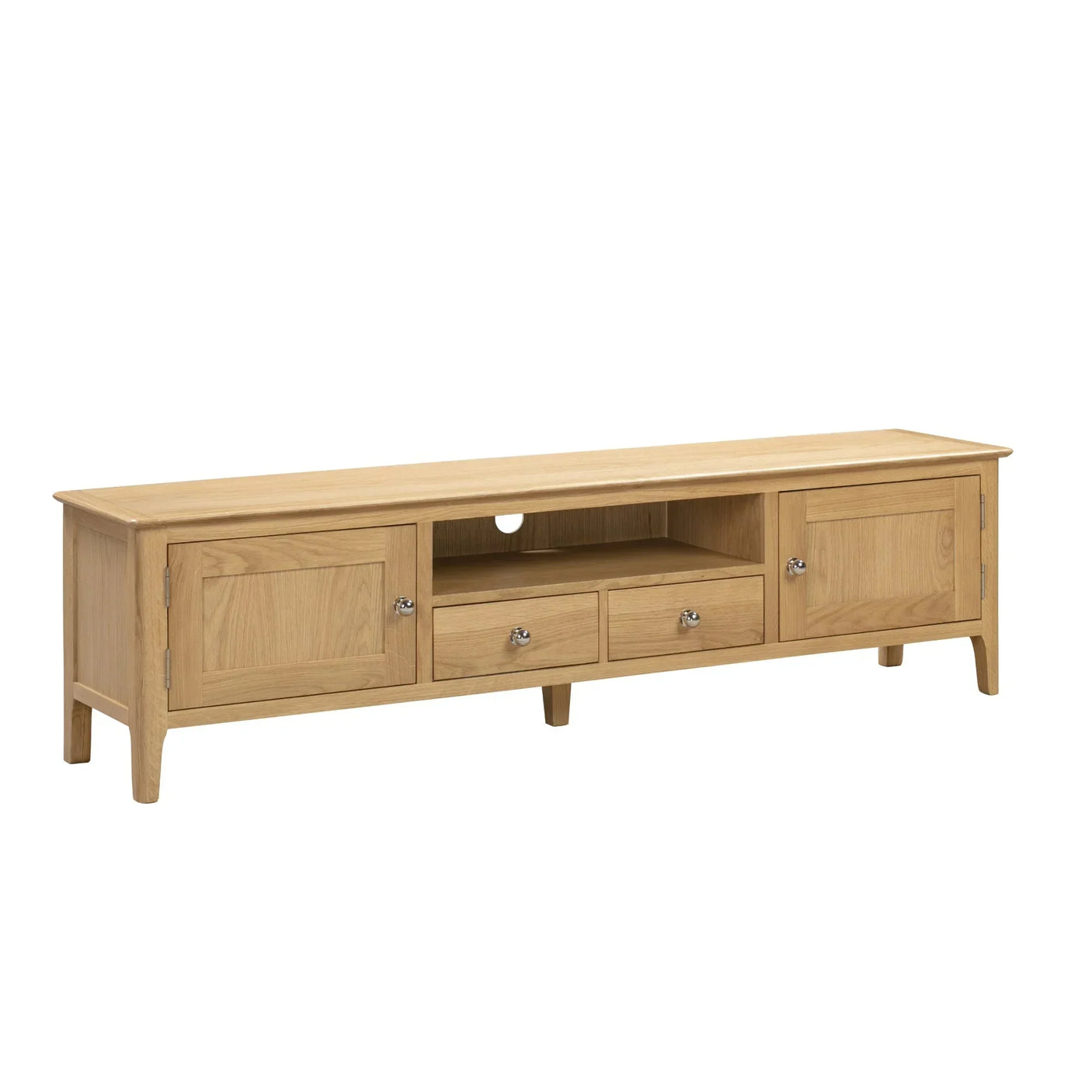 Oak wide screen TV unit with two doors, two drawers and open shelf, natural wood finish
