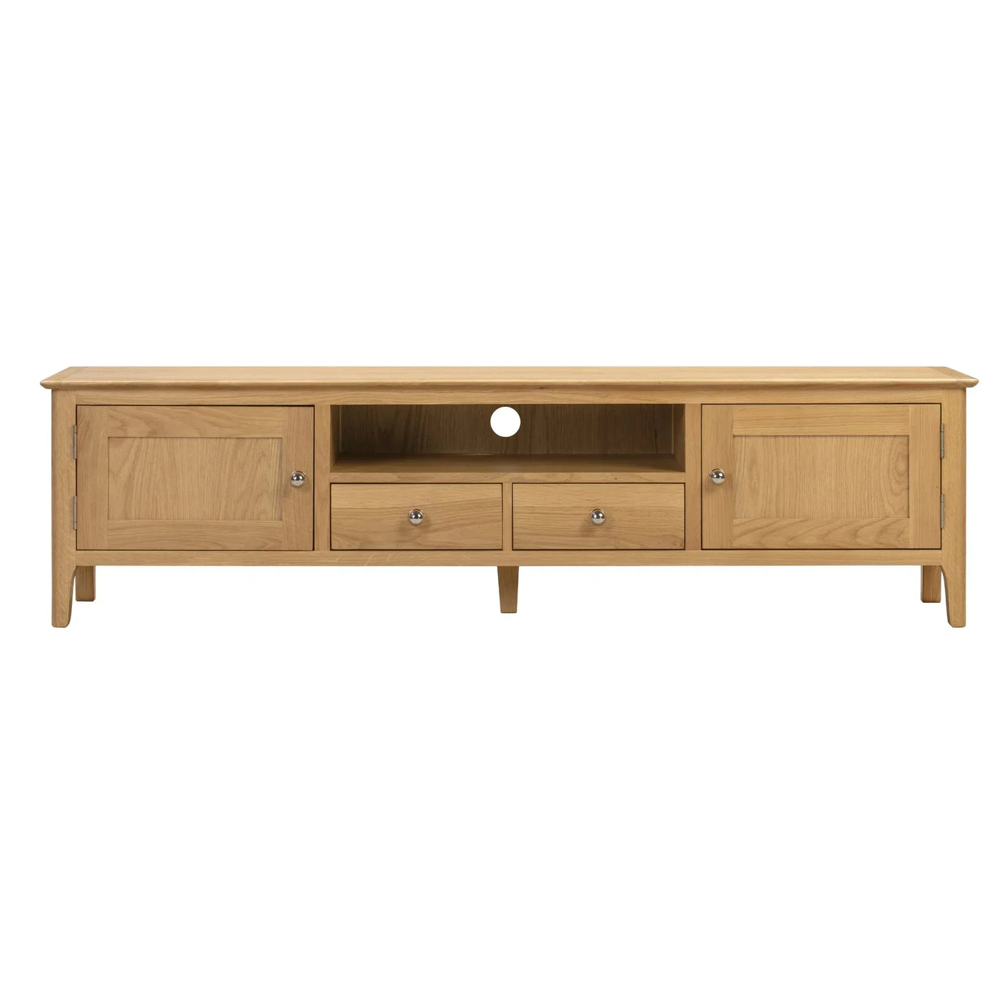 Cotswold wide screen TV unit in light oak with two cabinets, two drawers, and open shelf