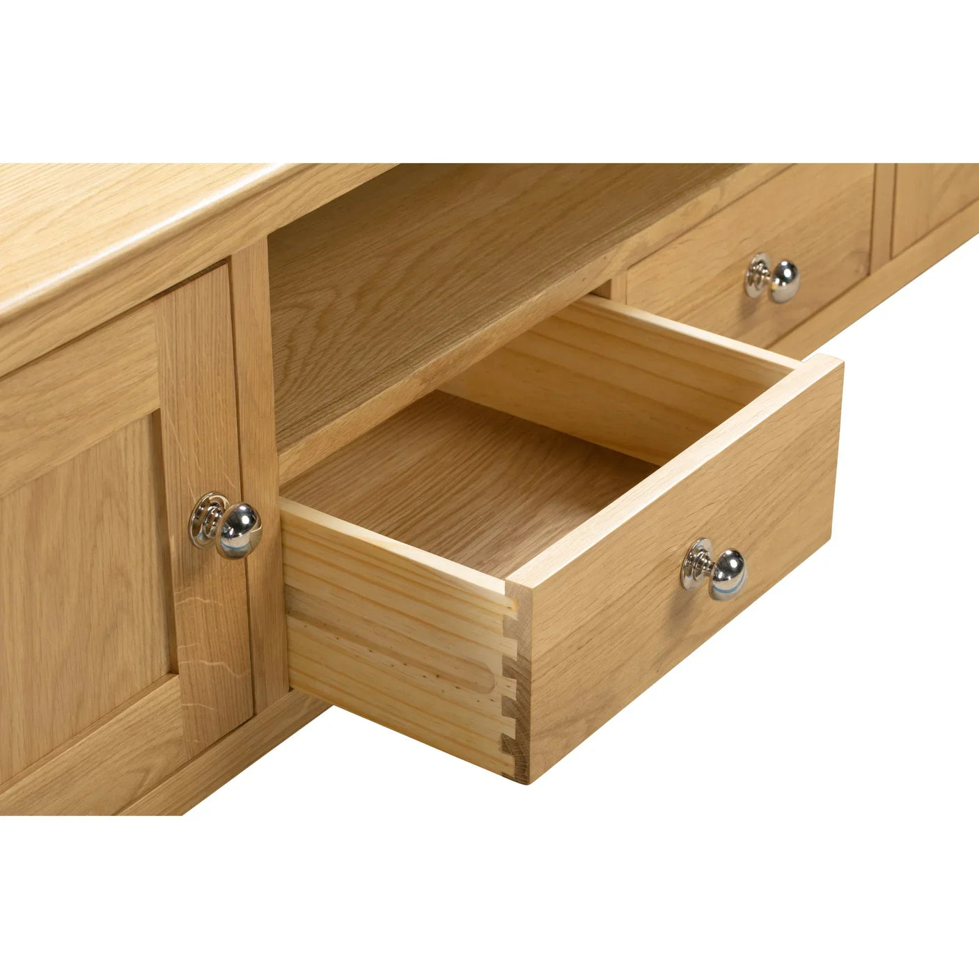 Cotswold wide screen TV unit drawer detail showing dovetail joints and chrome handles