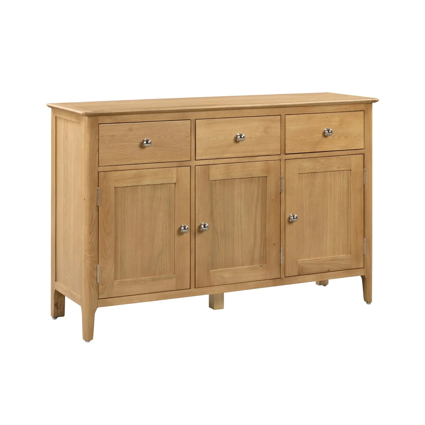 Oak sideboard with three drawers and three cabinet doors, silver handles, cutout view