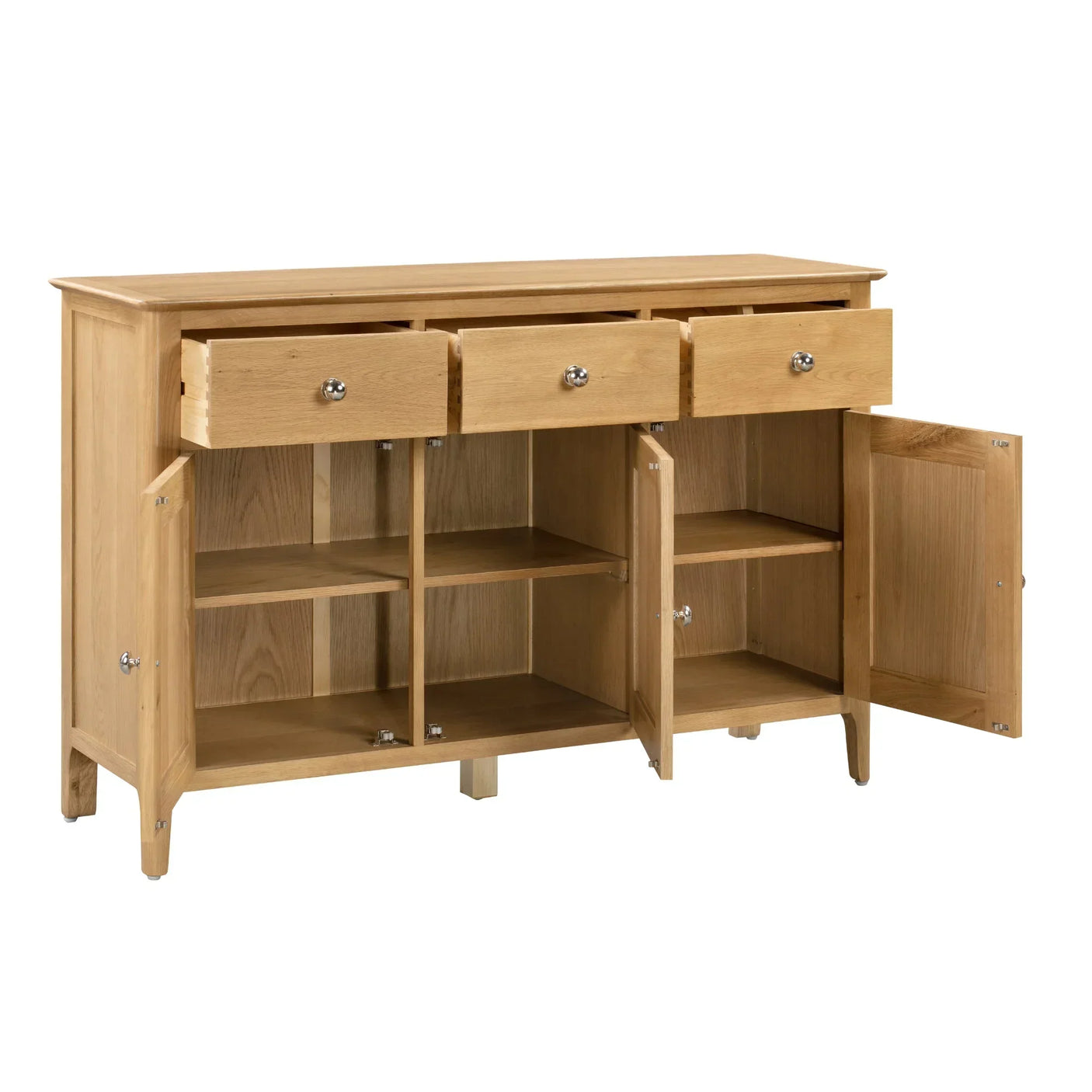 Oak sideboard with three open drawers and six shelf compartments, doors wide open