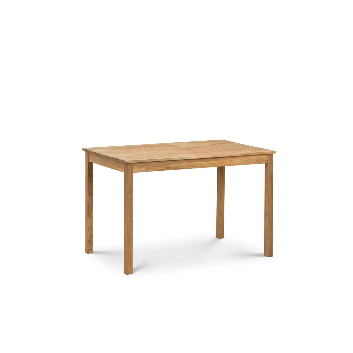 Rectangular oak dining table with straight legs on white background