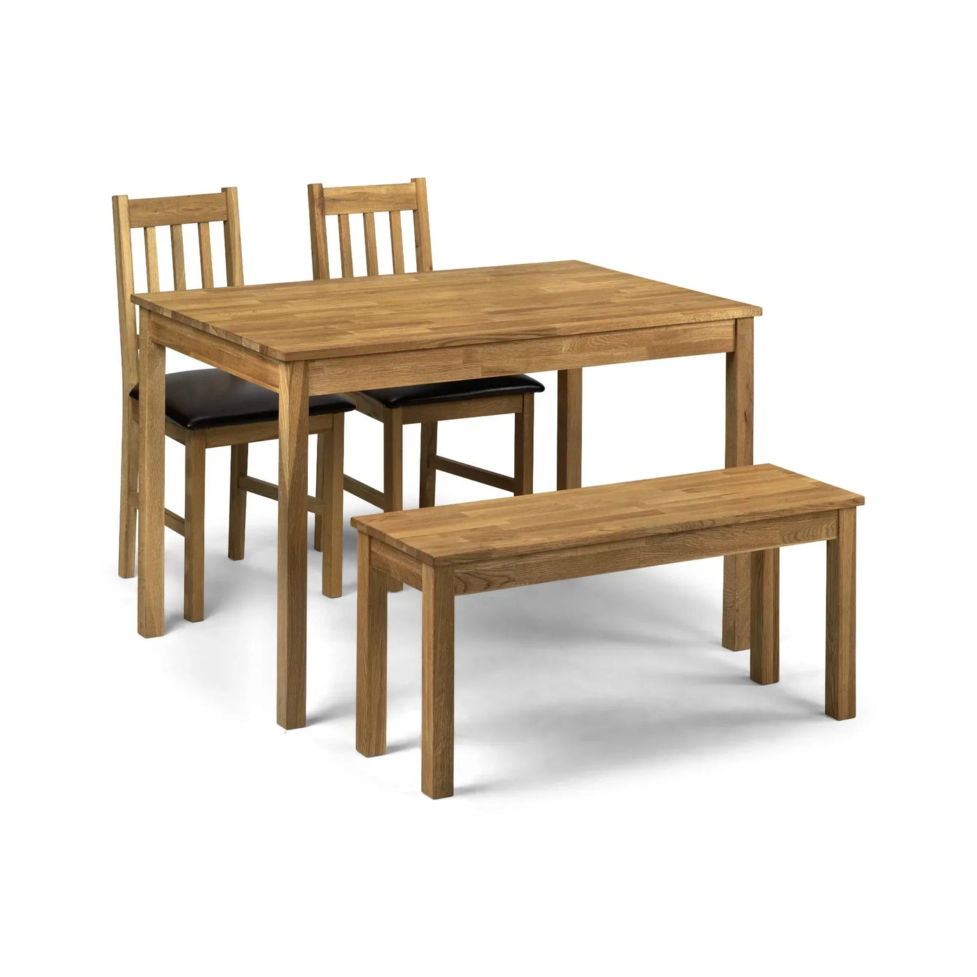 Oak rectangular dining table with two matching chairs and a bench, black seat cushions