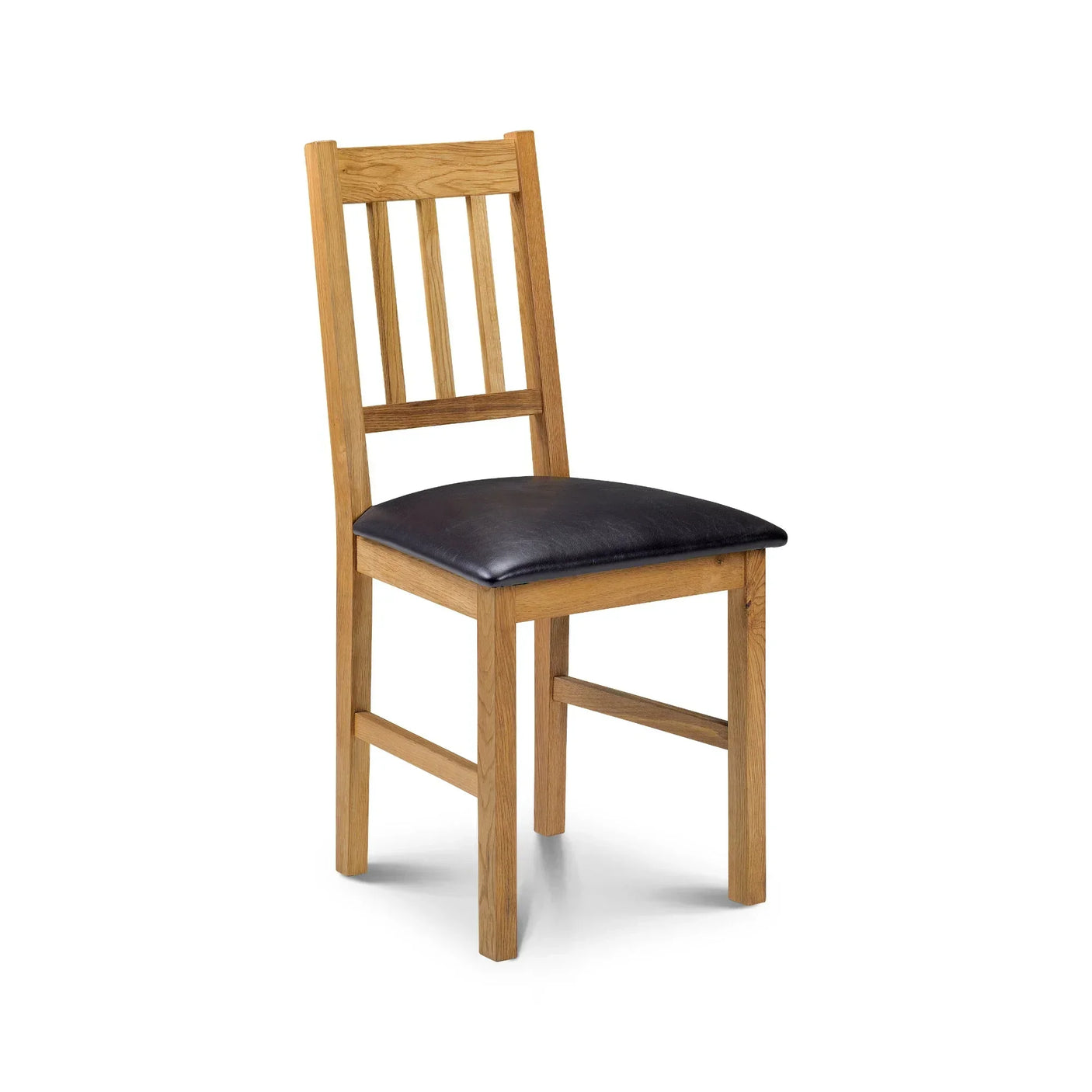 Oak dining chair with slatted back and black padded seat on white background