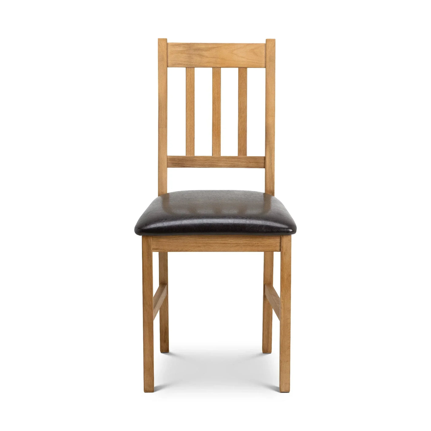 Oak dining chair with slatted backrest and dark padded seat, front view