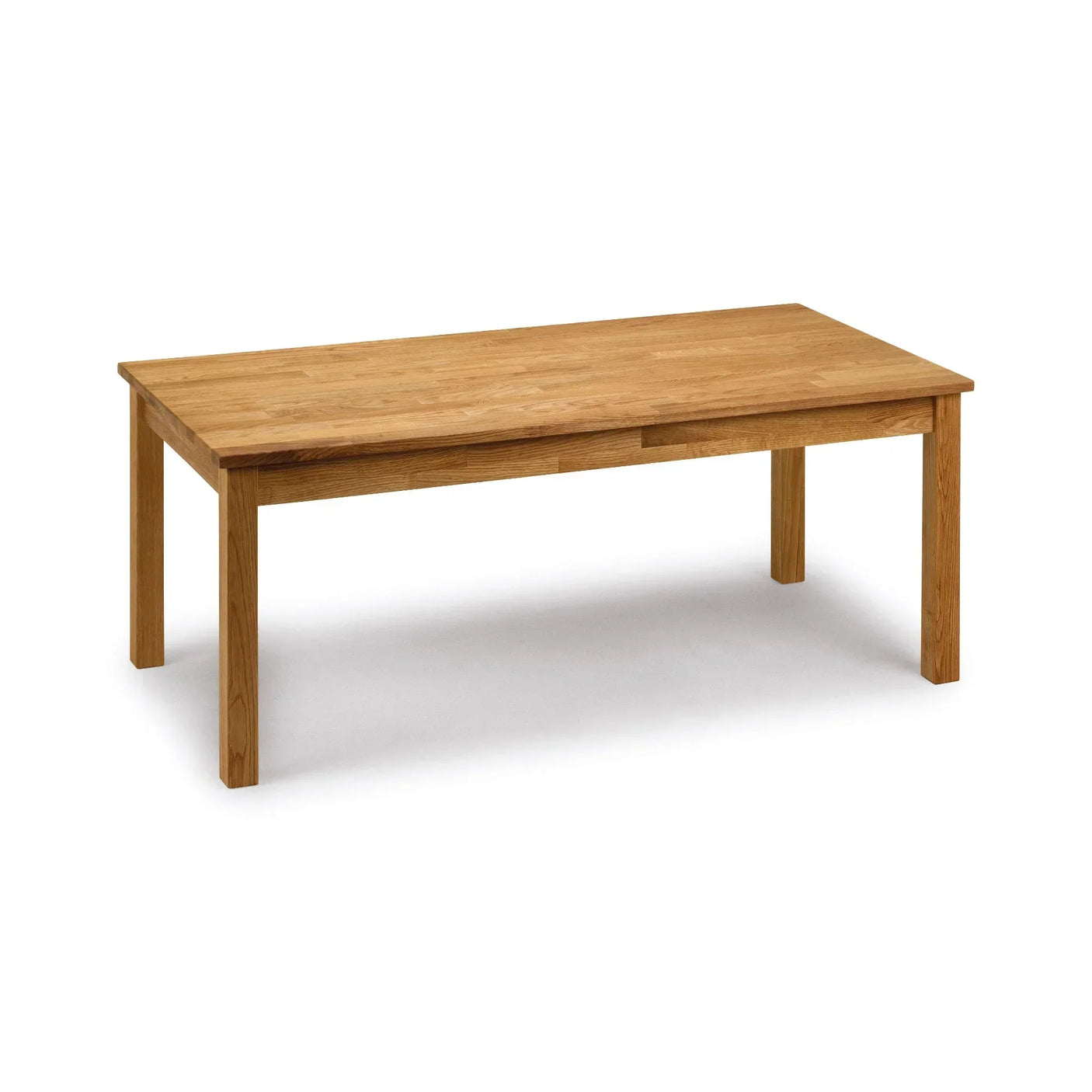 Rectangular oak coffee table with four straight legs on white background