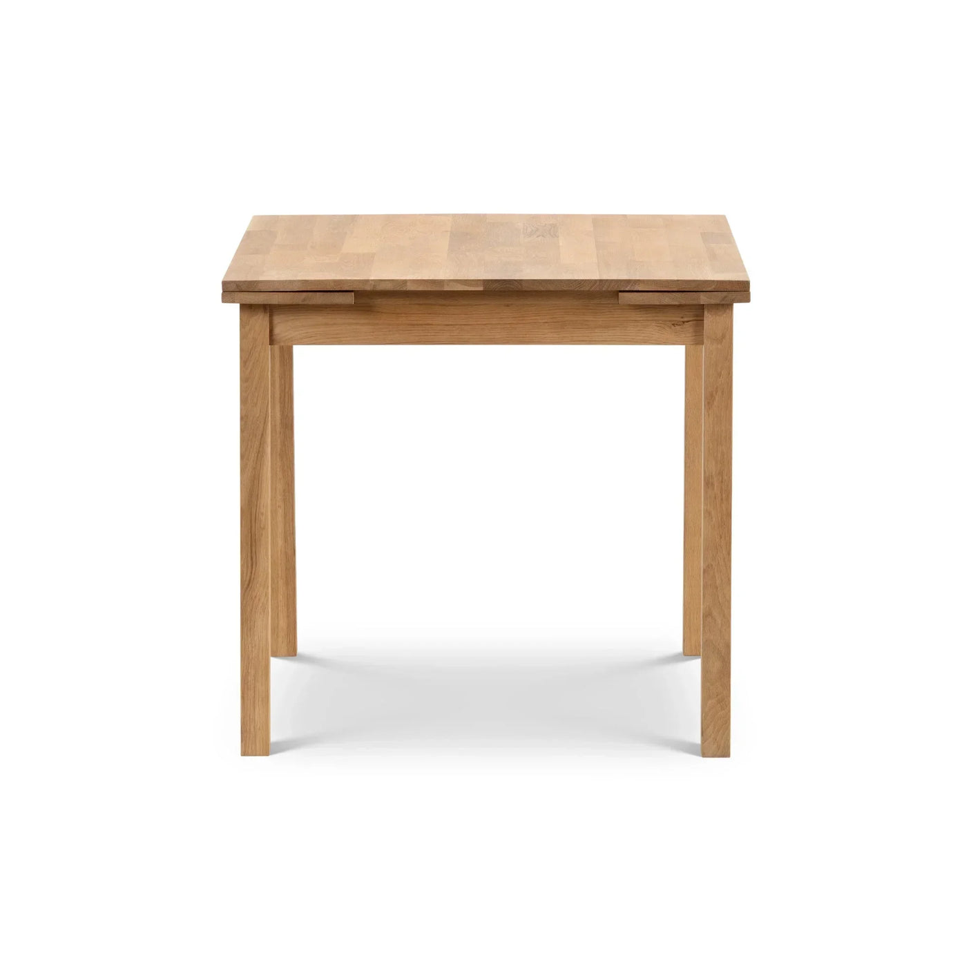 Oak extending dining table with straight legs, shown from front against white background