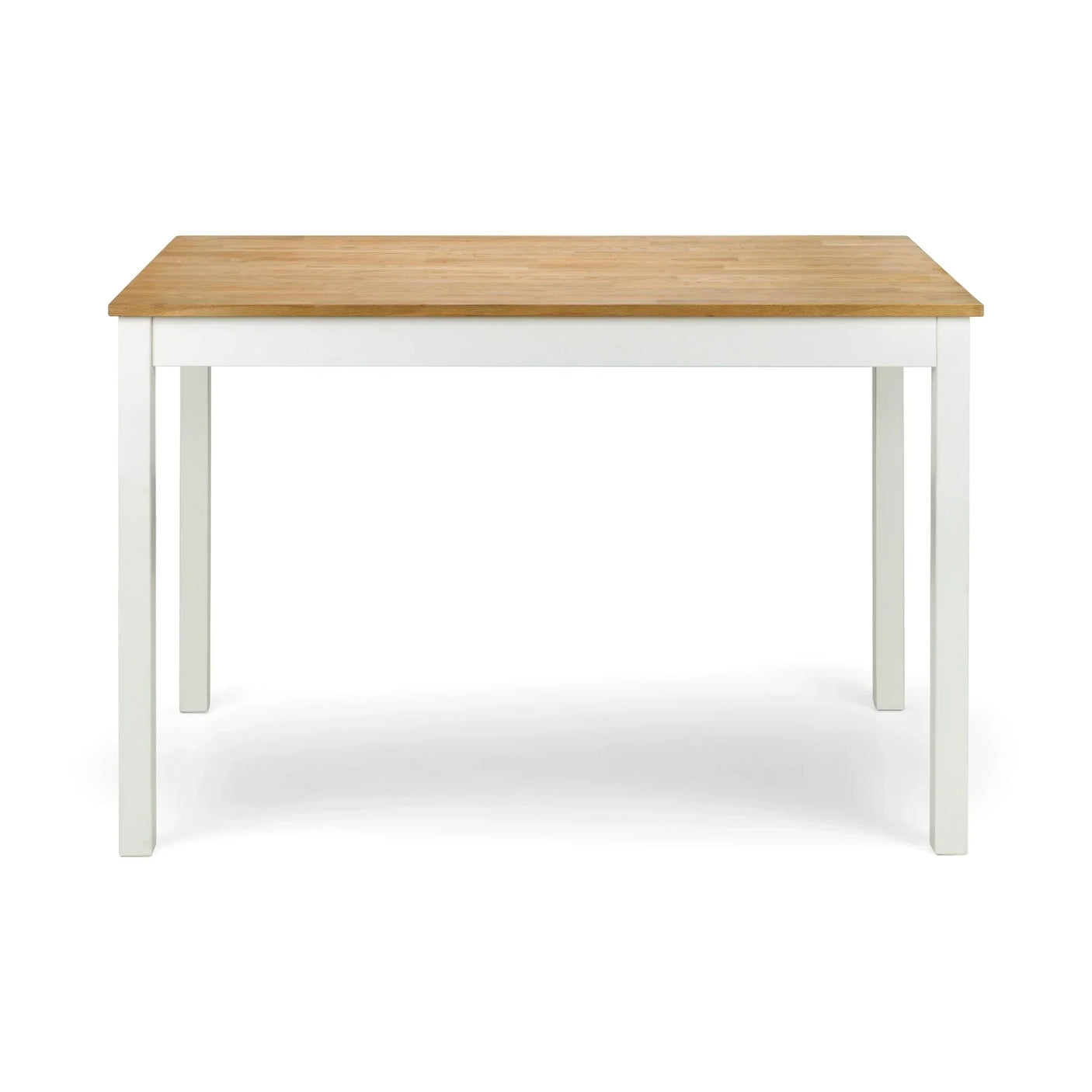 rectangular dining table with ivory legs and oak top on white background