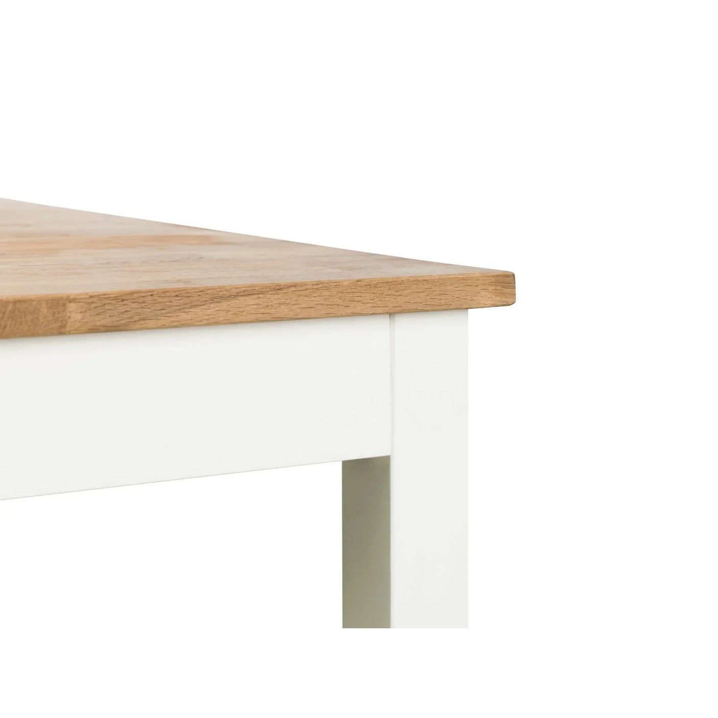 Ivory oak dining table corner with wood grain top and painted white legs
