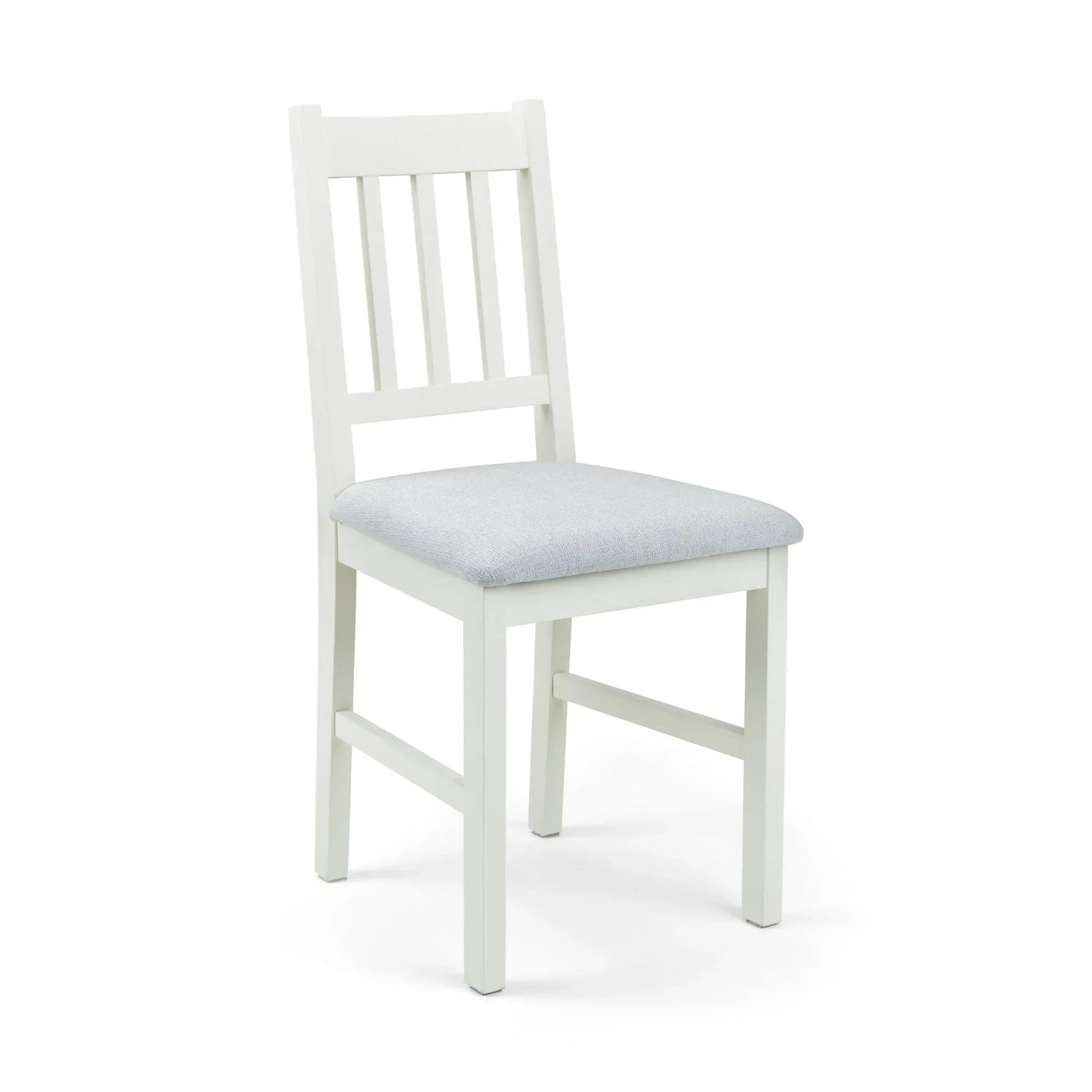 Ivory dining chair with fabric seat and slatted backrest on white background