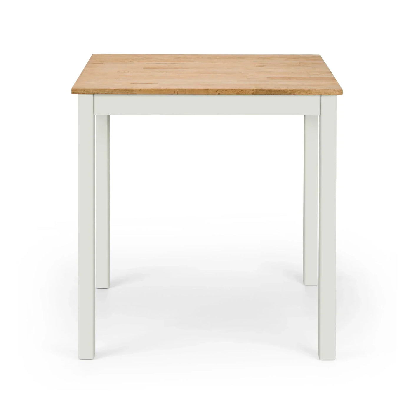 Square dining table with ivory legs and light oak wood top, front view