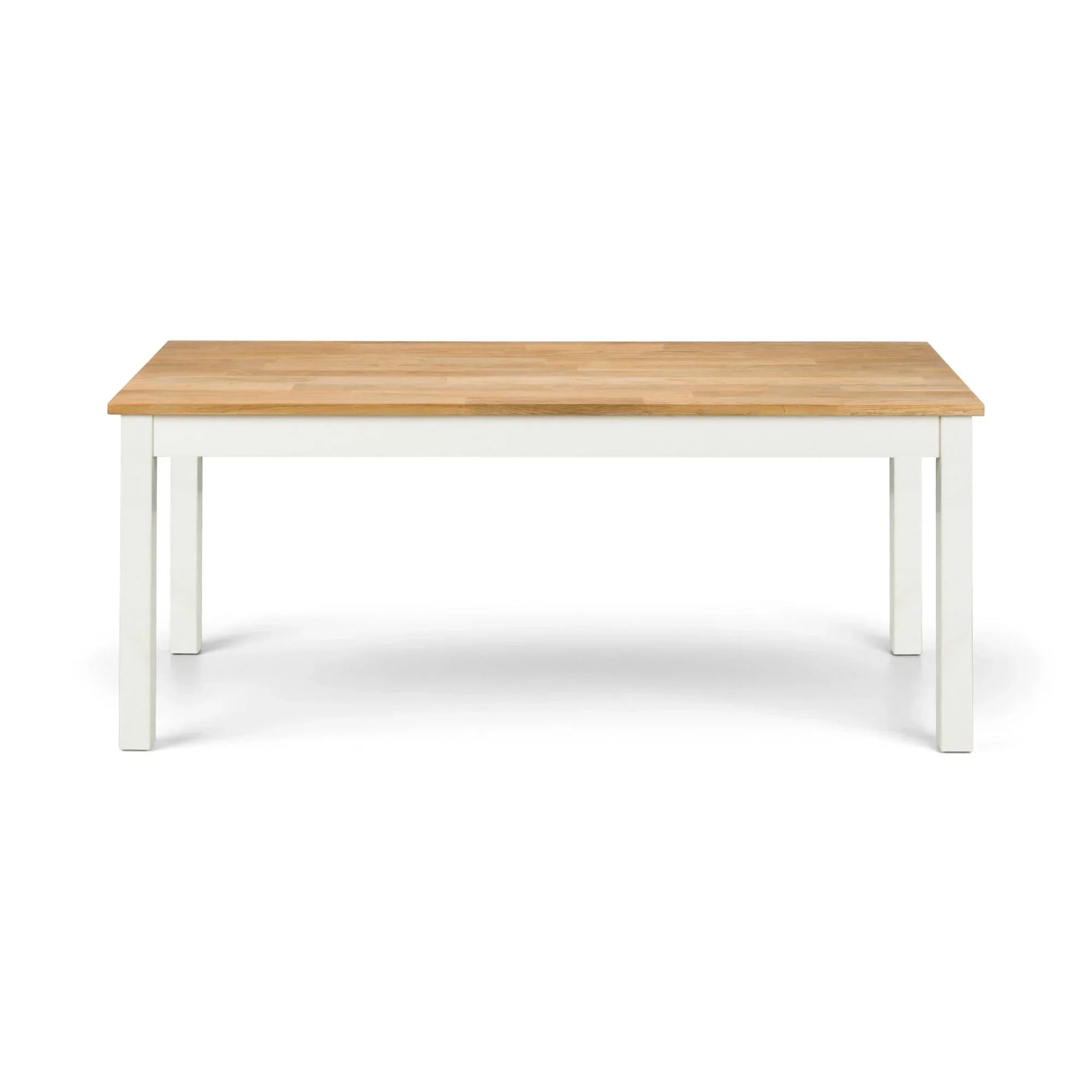 White and oak coffee table with rectangular top and straight legs on white background