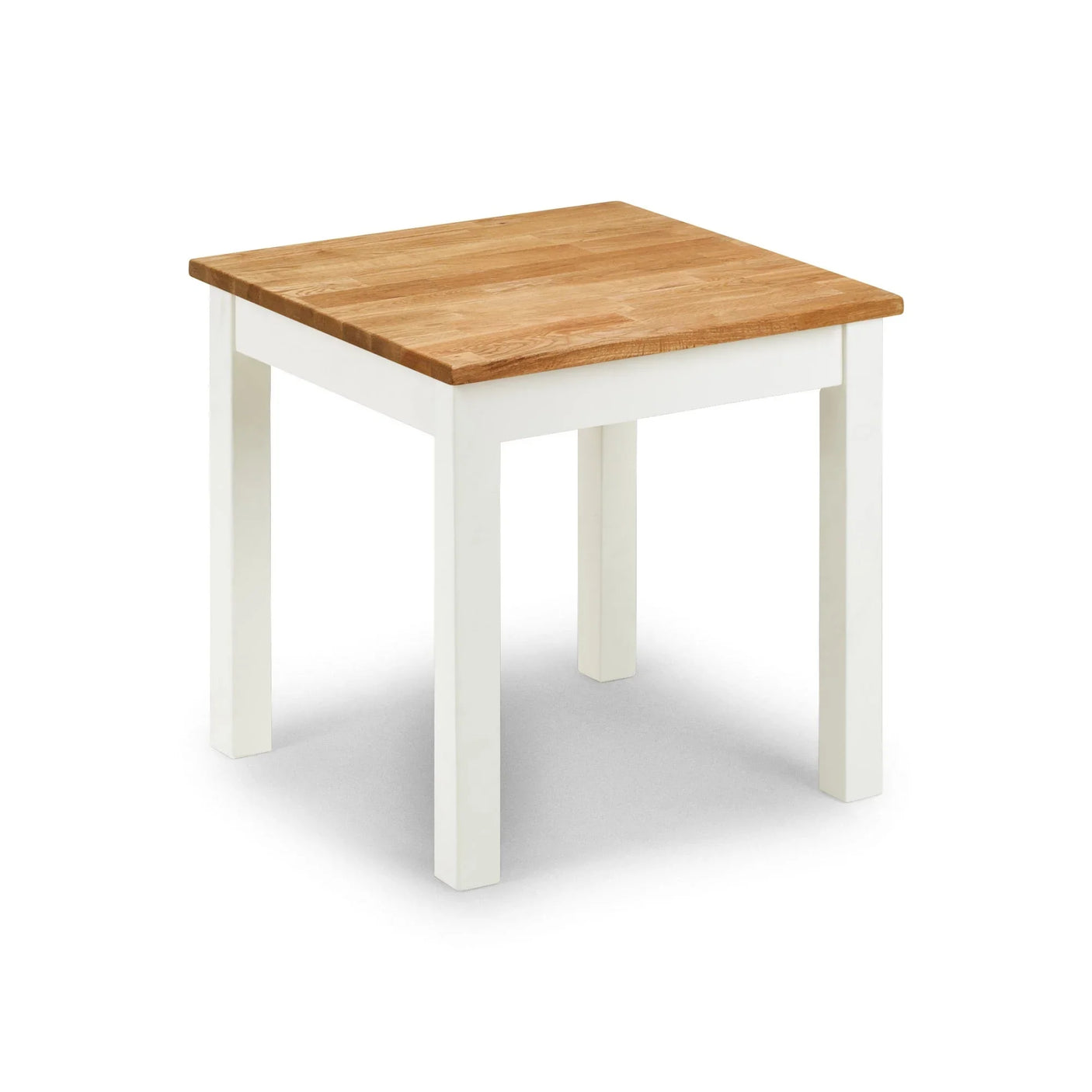Square wooden dining table with white legs and oak finish top, angled front view