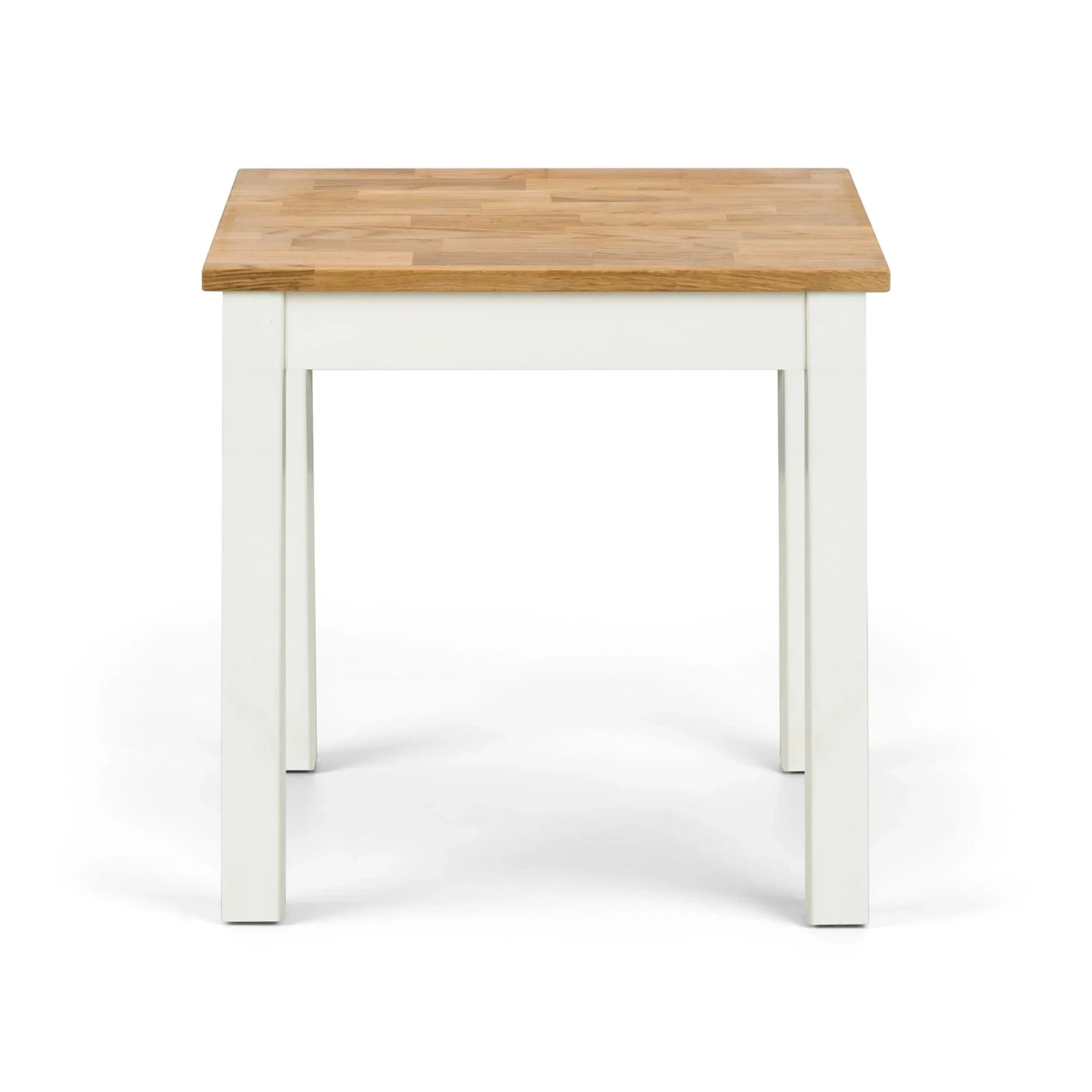 Square dining table with wooden top and white legs, front view