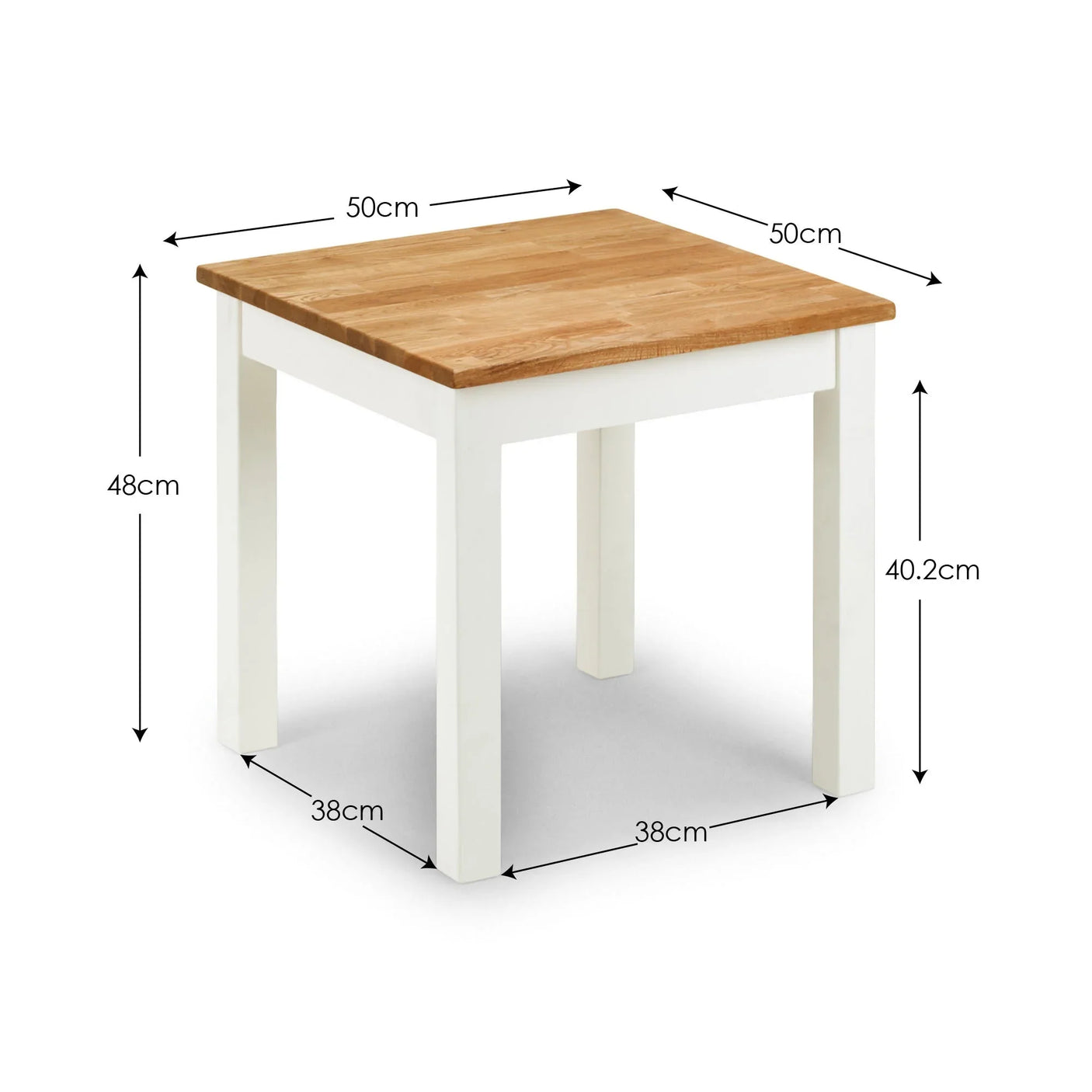 Square side table with oak top and white legs, dimensions labeled in centimeters
