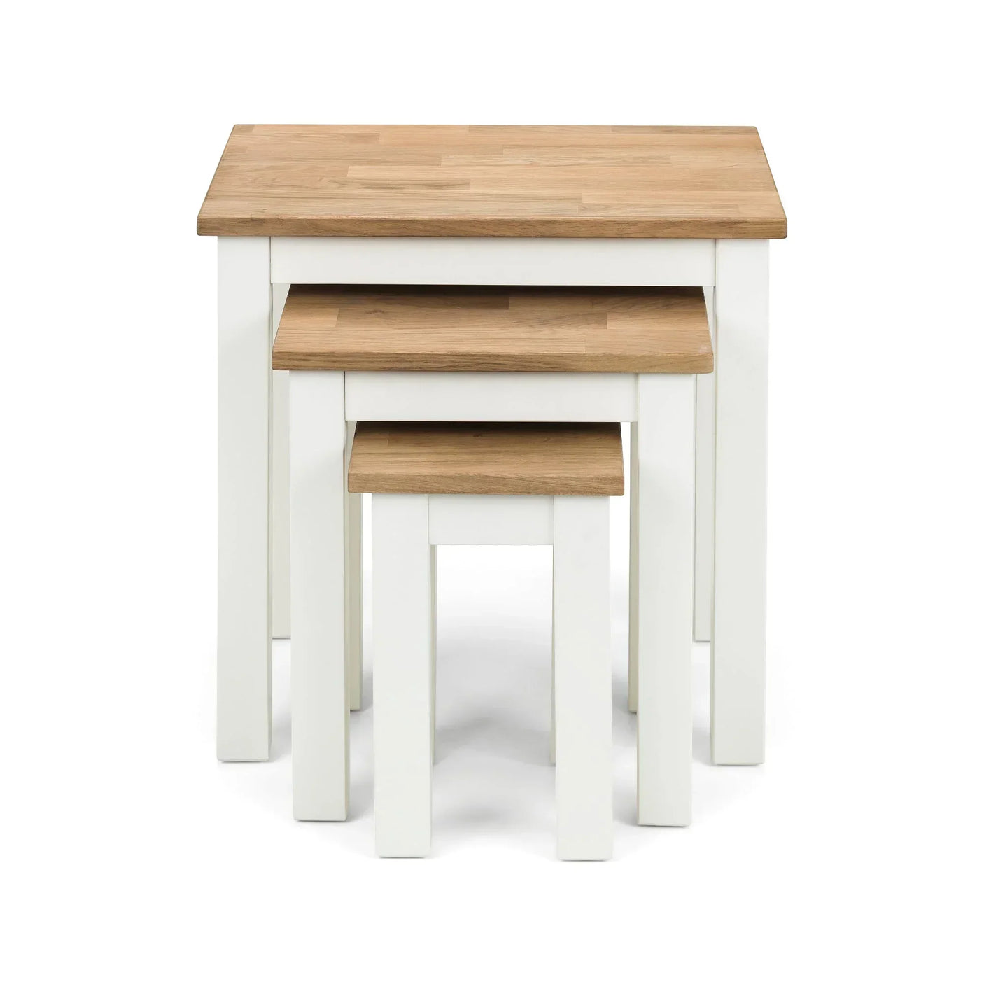 White and oak nest of tables with three pieces stacked, straight front view