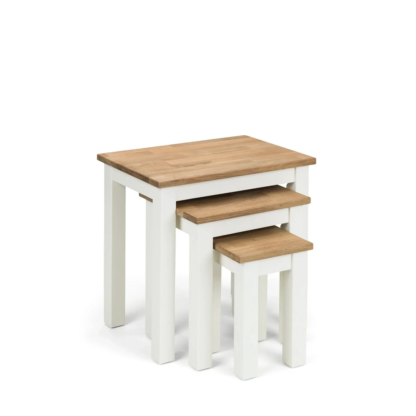 White and oak nest of tables with three stacking pieces, modern design on white background