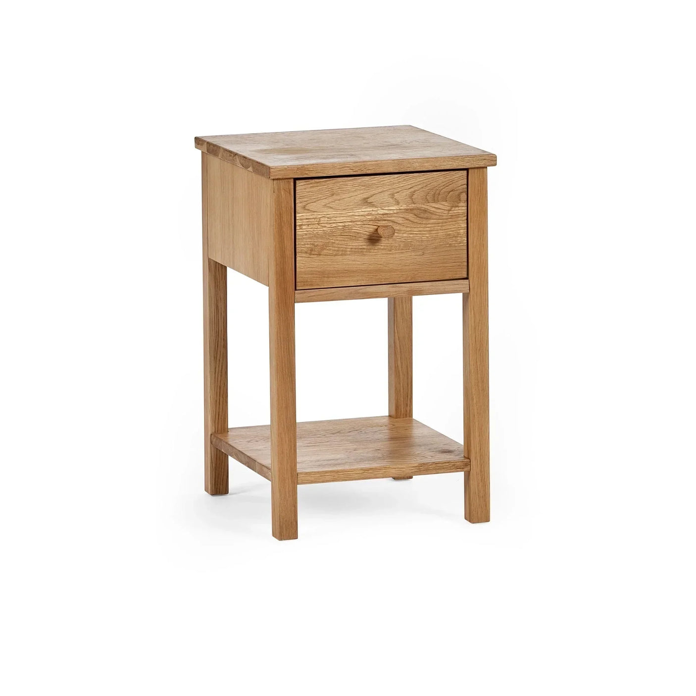 Oak bedside table with single drawer and lower shelf, front angle view