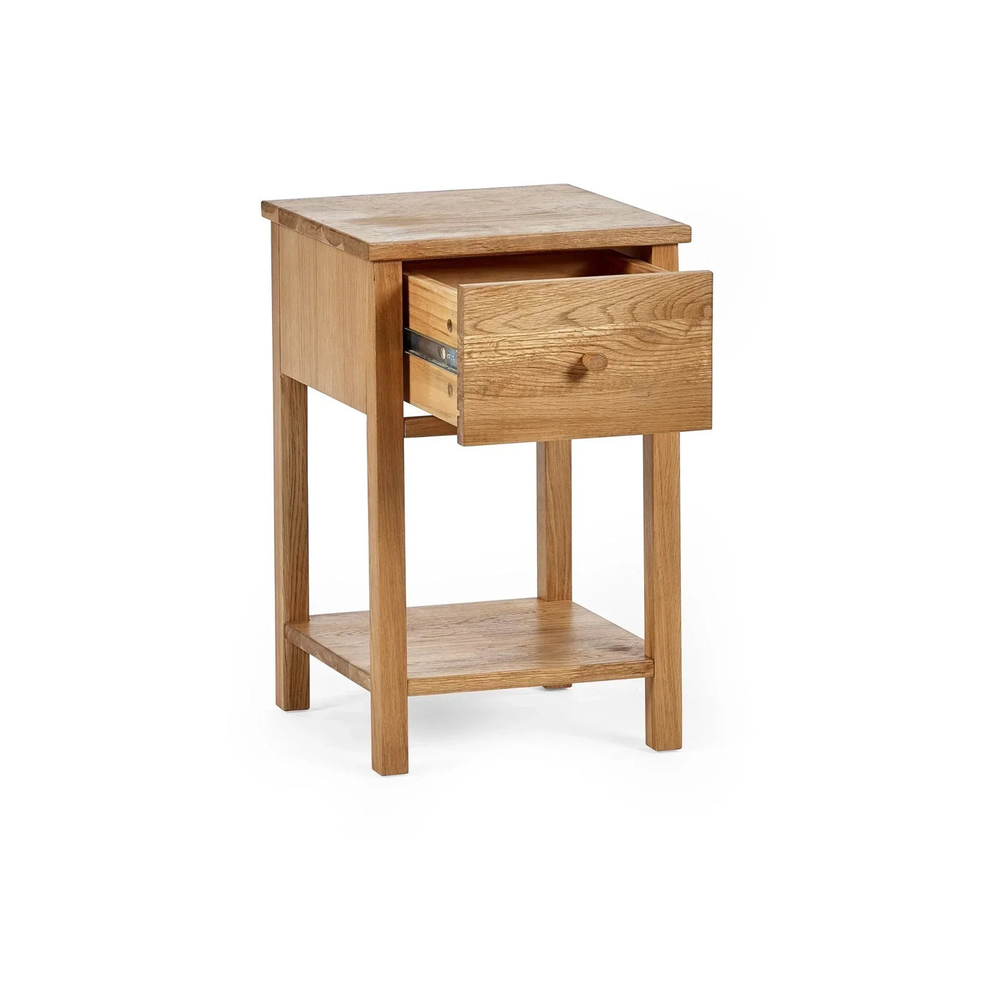 Oak bedside table with open drawer and lower shelf on white background