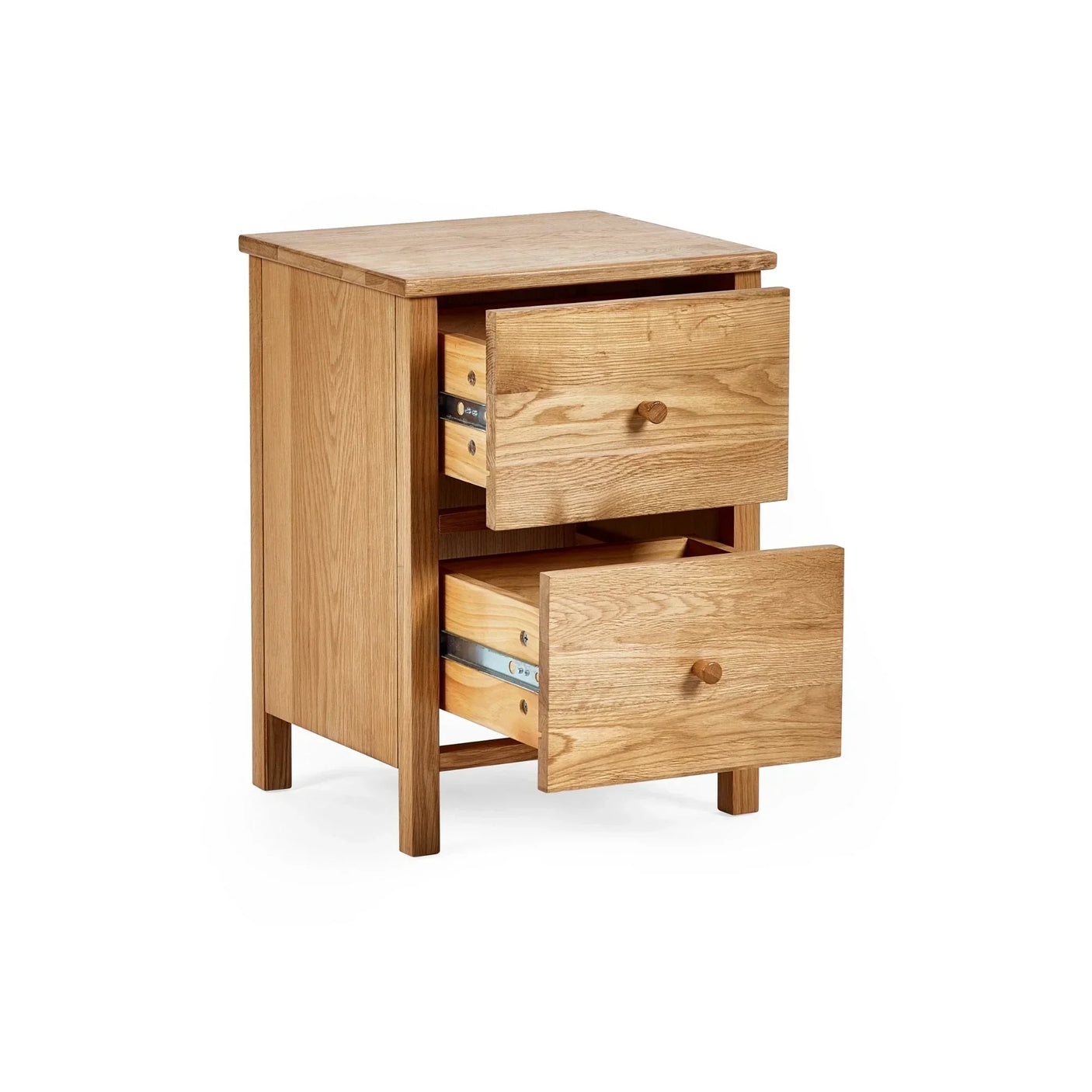 Oak bedside table with two open drawers and visible wood grain, side angle view