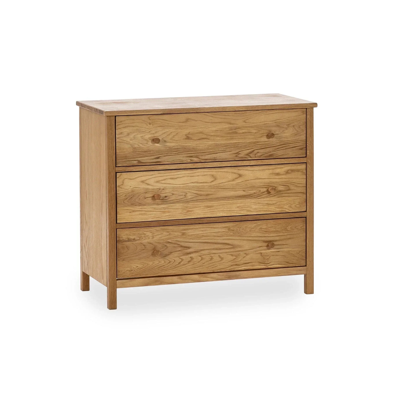 Oak chest of drawers with three spacious drawers and natural wood grain finish