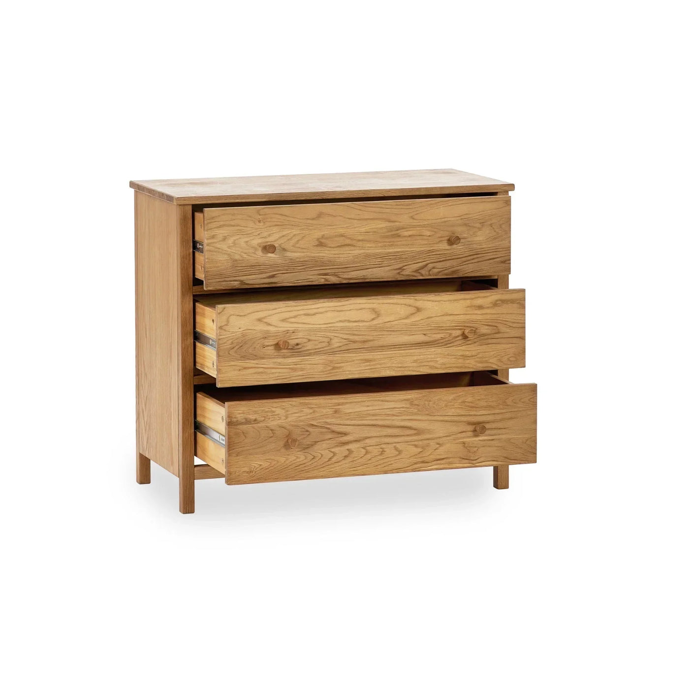 Oak chest of drawers with three open drawers, natural wood finish, front view