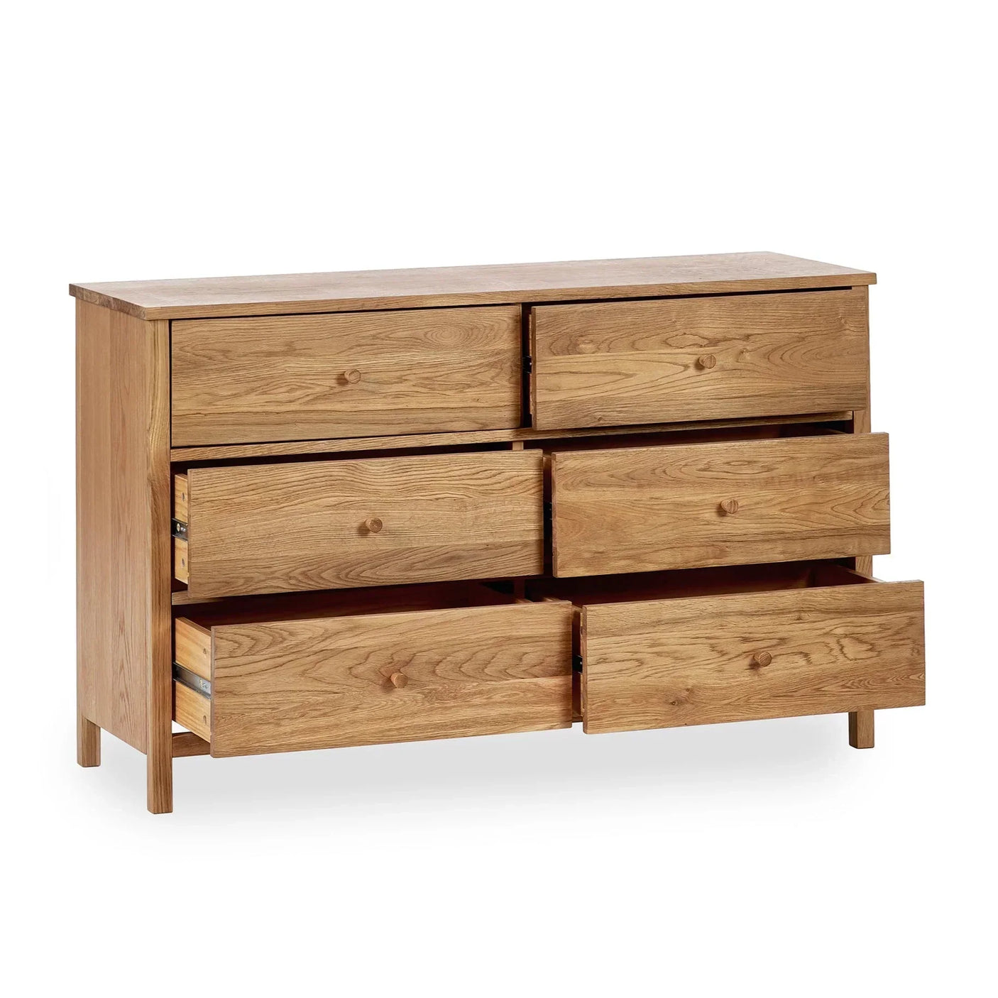 Oak chest of drawers with six spacious drawers, natural wood finish, two drawers open