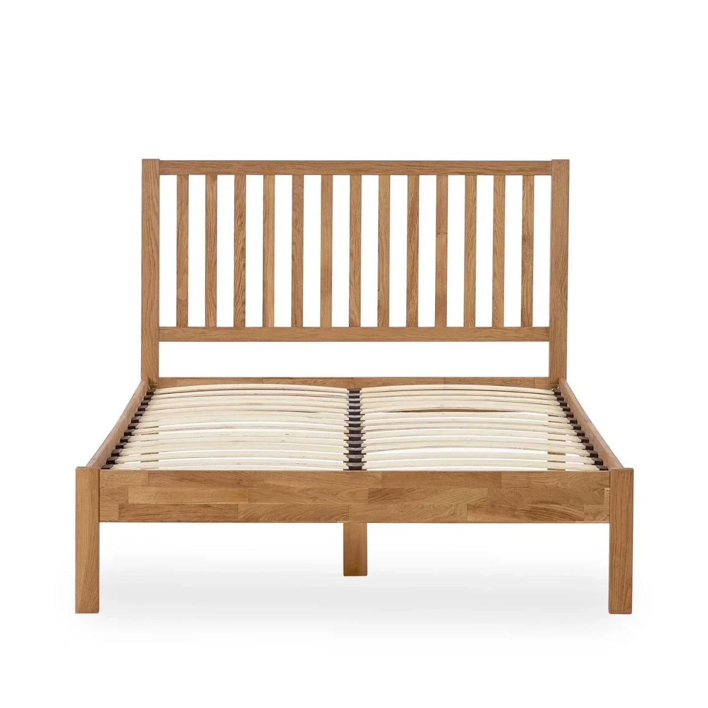 Oak double bed frame with vertical slat headboard and wooden slatted base, frontal view