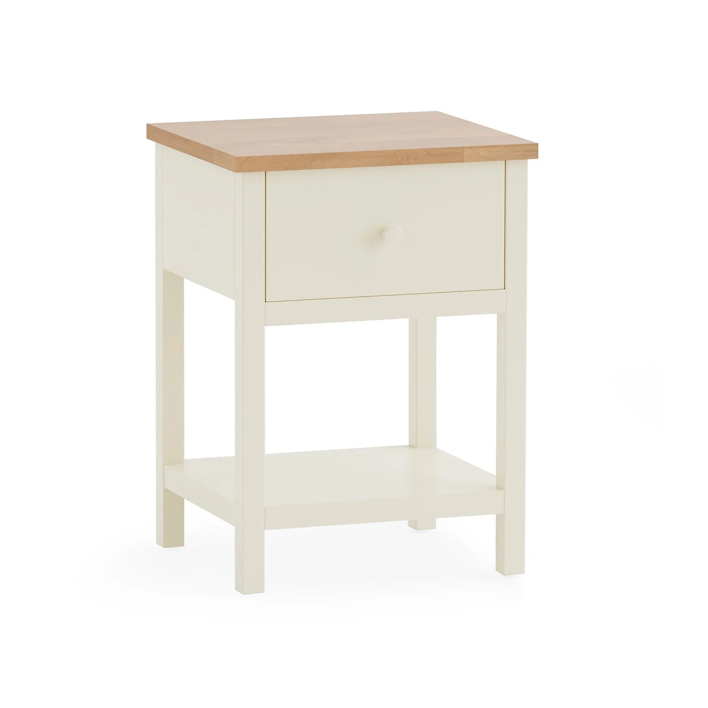 Ivory oak bedside table with one drawer and shelf, shown against white background