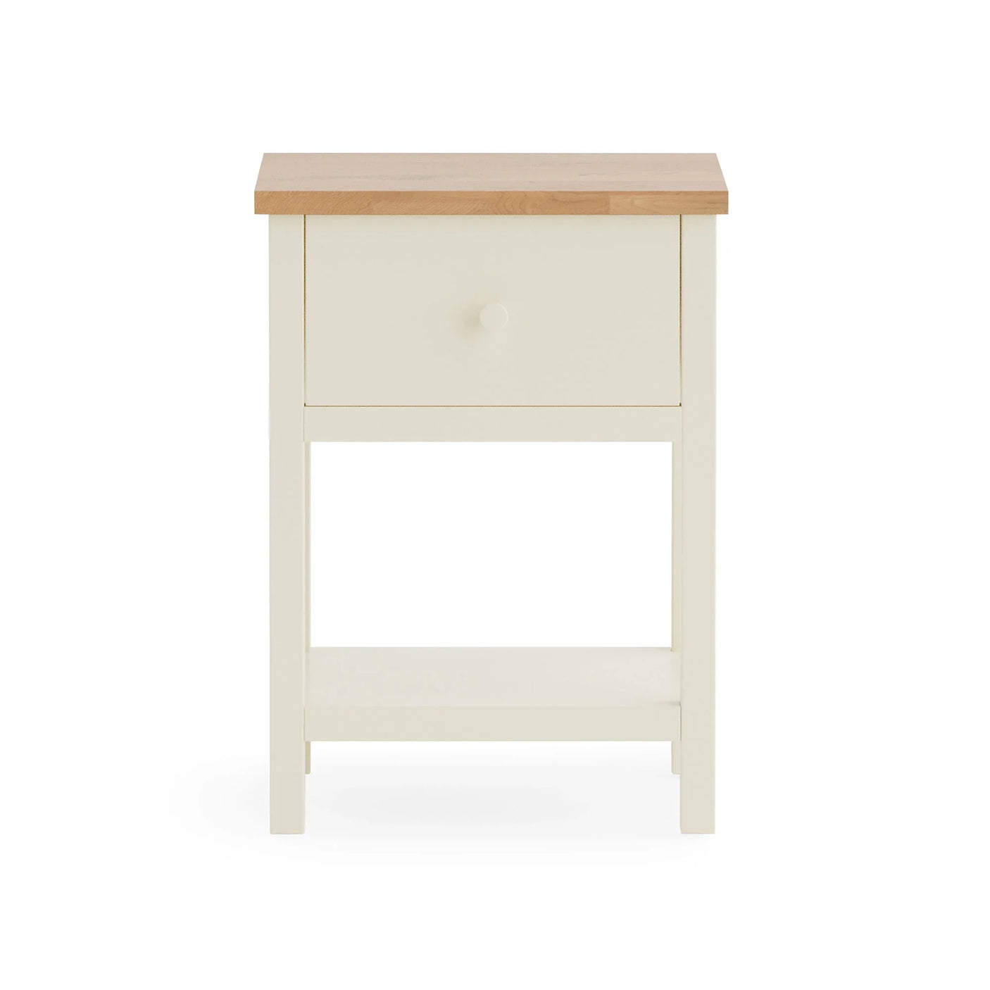 Ivory bedside table with oak top, single drawer and lower shelf, front view