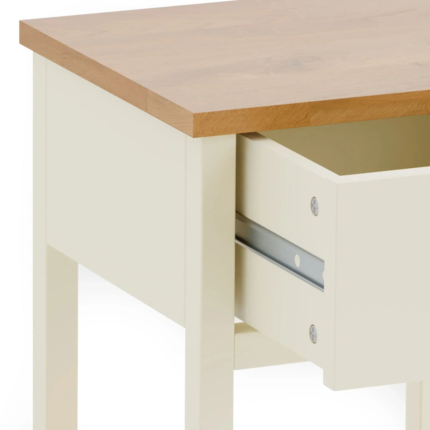 Ivory oak bedside table with one drawer open, showing metal runners and wood grain top