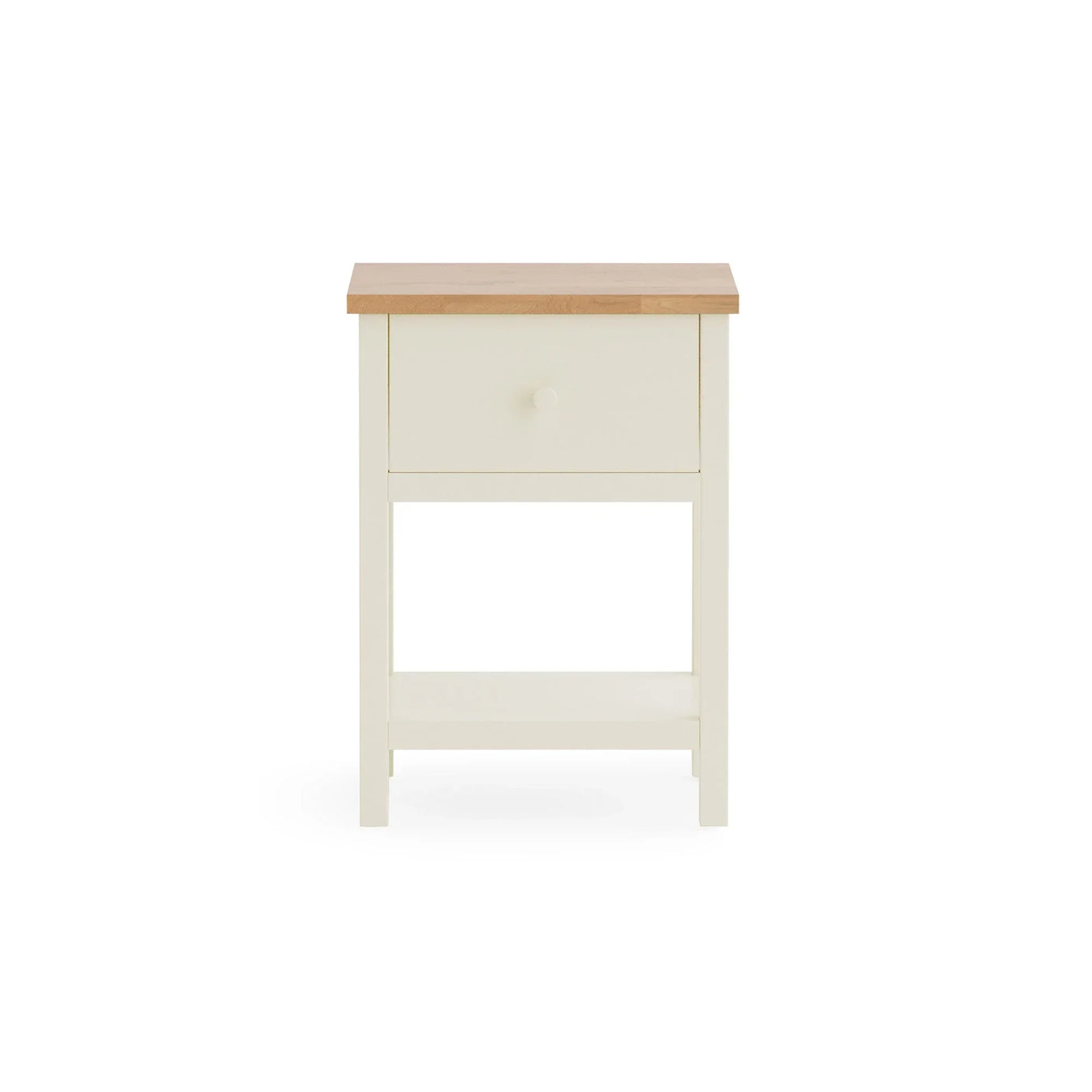 Cream bedside table with wooden top, single drawer and open shelf, front view