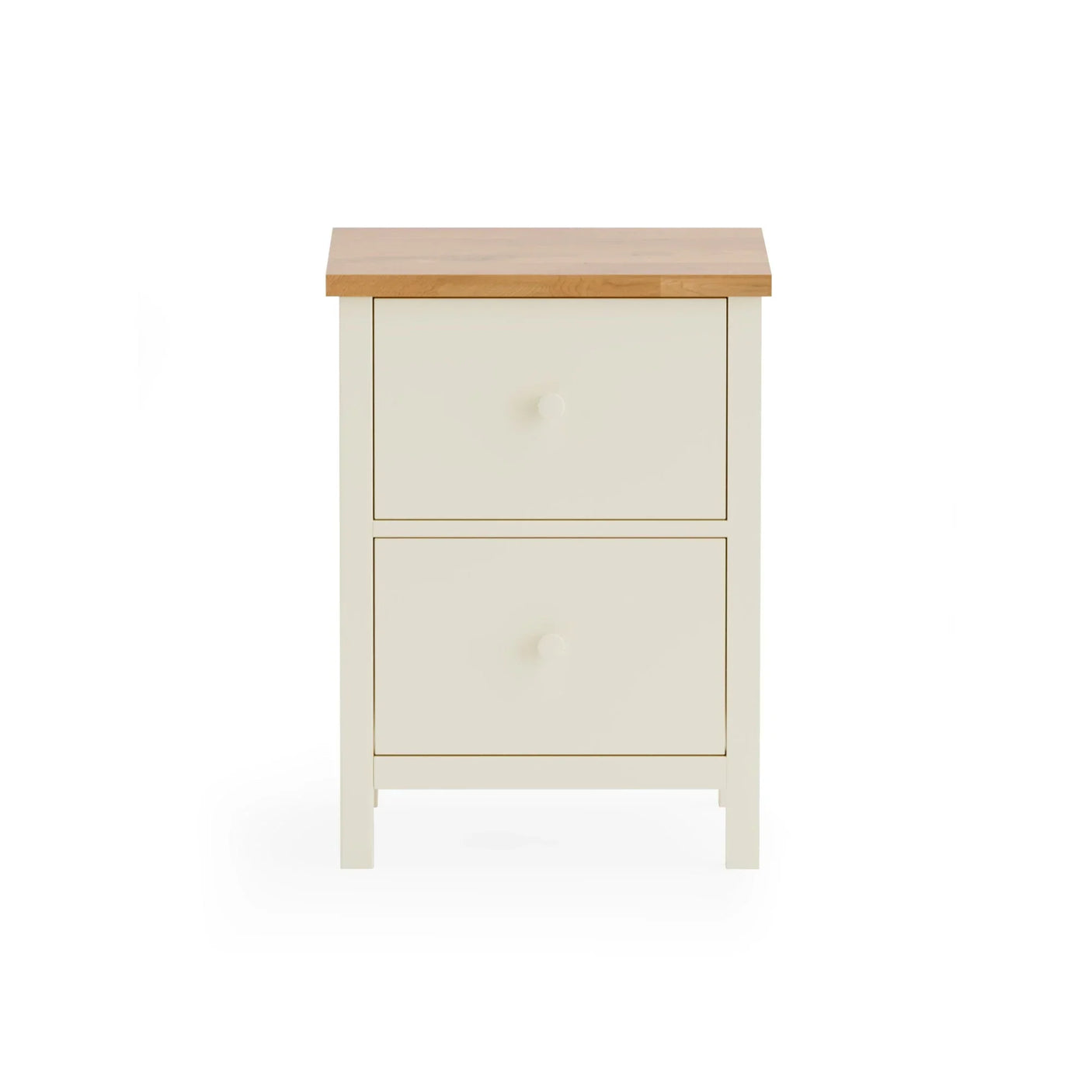 Cream bedside table with two drawers and a natural wood top, front view