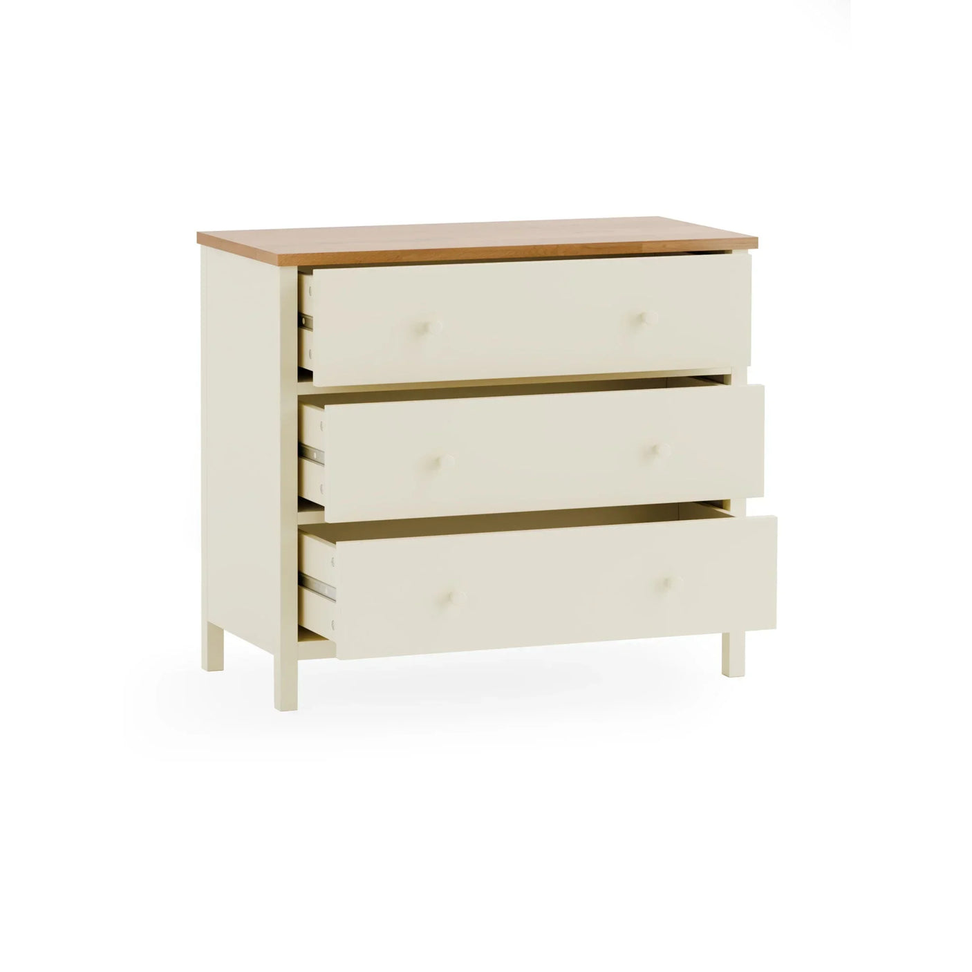 Cream chest of drawers with wooden top and three open storage drawers on white background