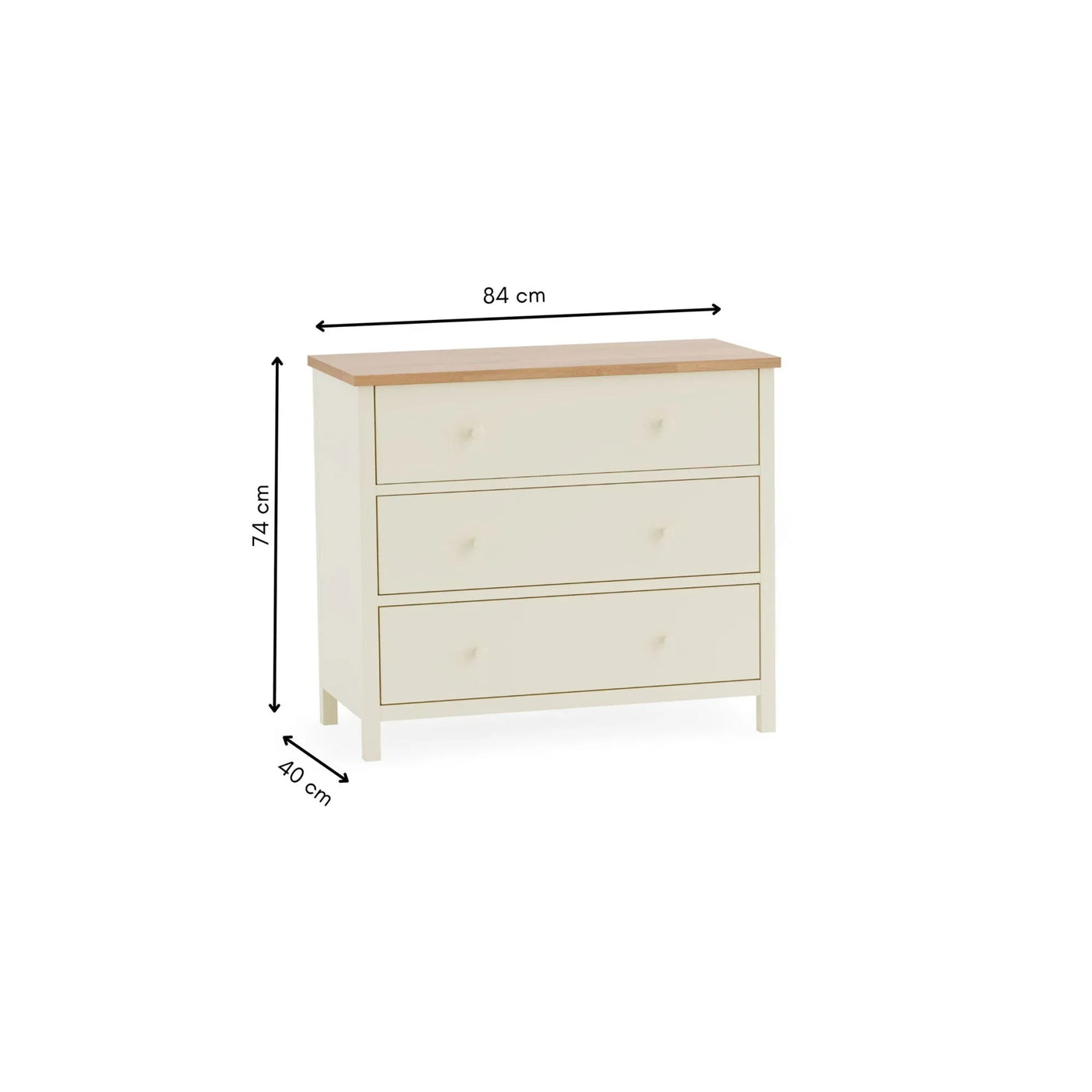 Cream chest of drawers with three drawers, wood top, and dimensions 84x40x74 cm