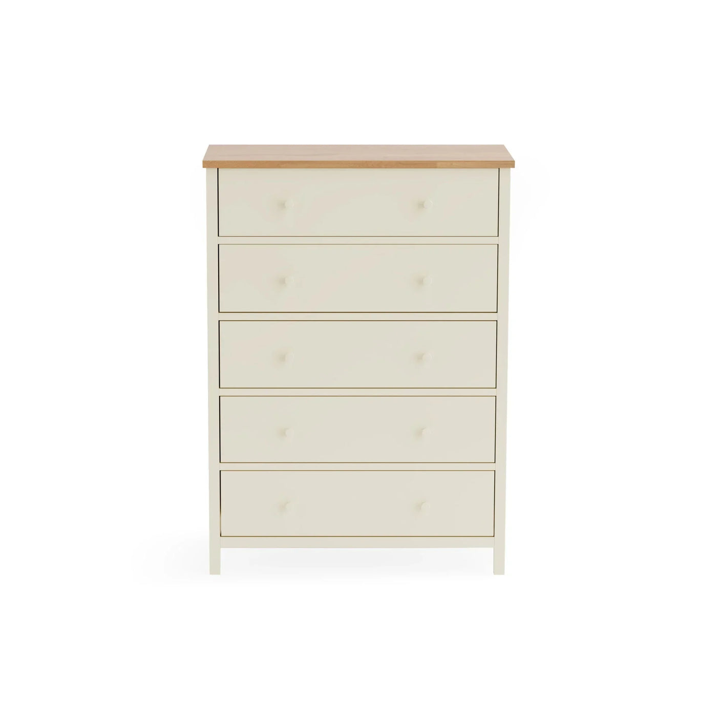 Cream chest of drawers with five drawers and light wood top, front view