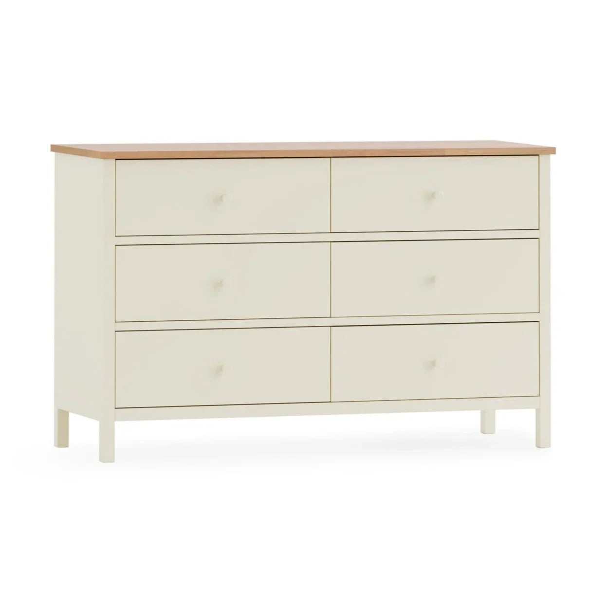 Cream chest of drawers with six drawers and light wood top, shown against white background
