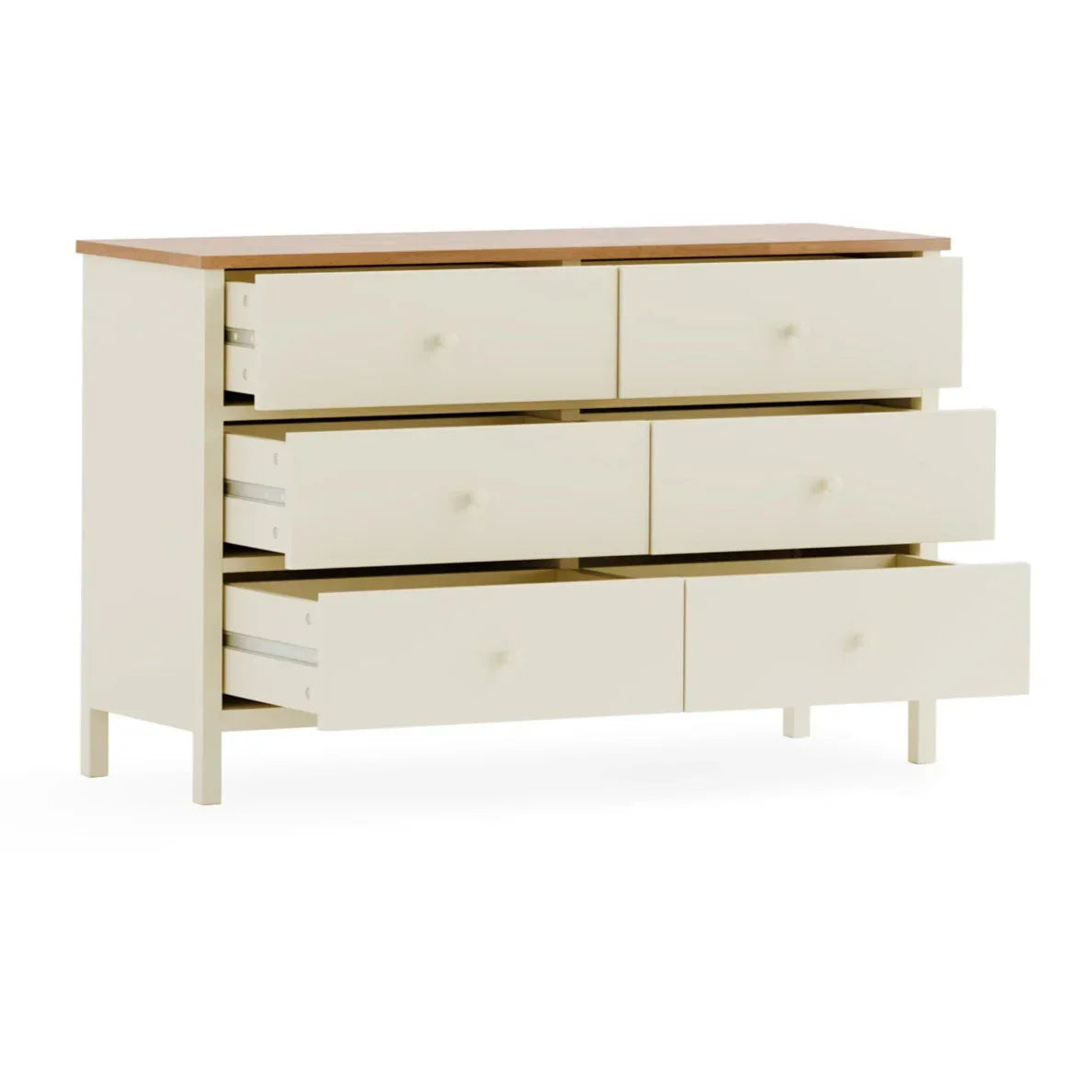 Cream six drawer chest of drawers with wooden top and partially open drawers