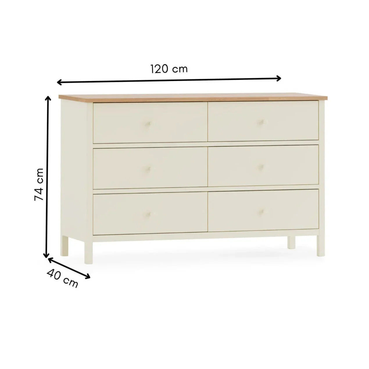 Cream six drawer chest of drawers with oak top, showing dimensions 120cm x 74cm x 40cm