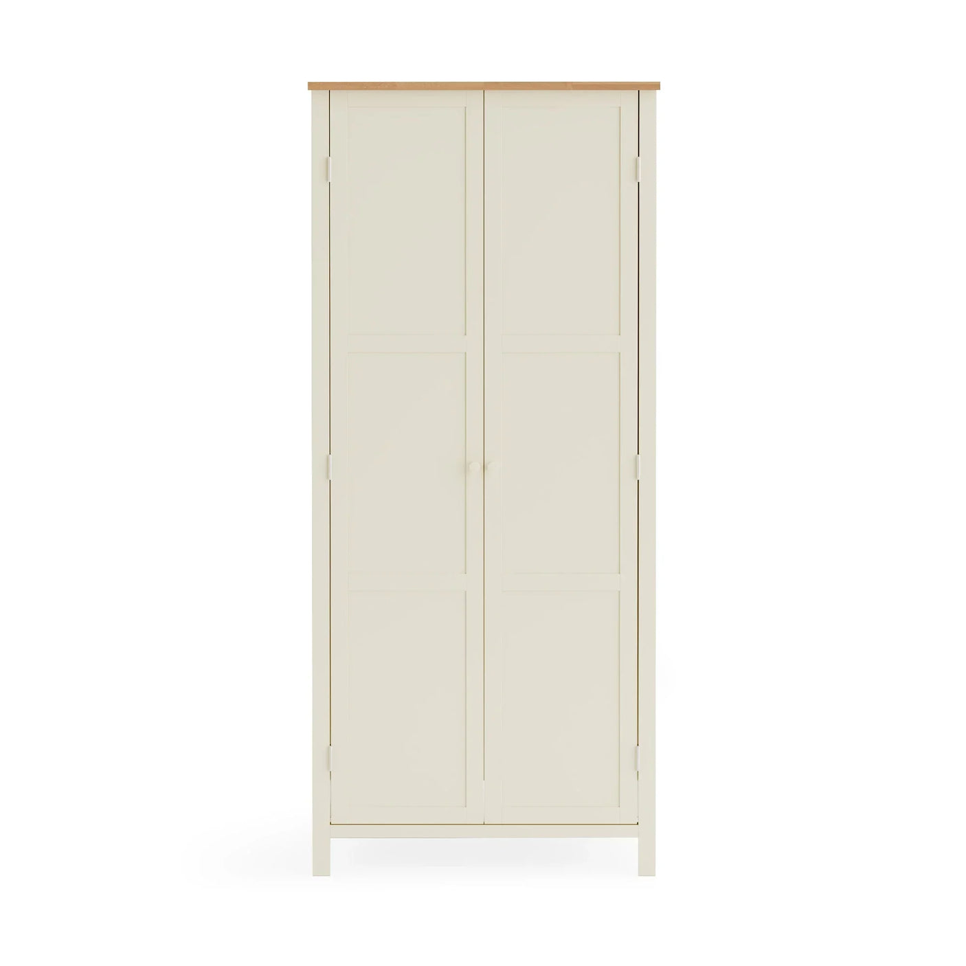 Ivory two door wooden wardrobe with oak top, front view