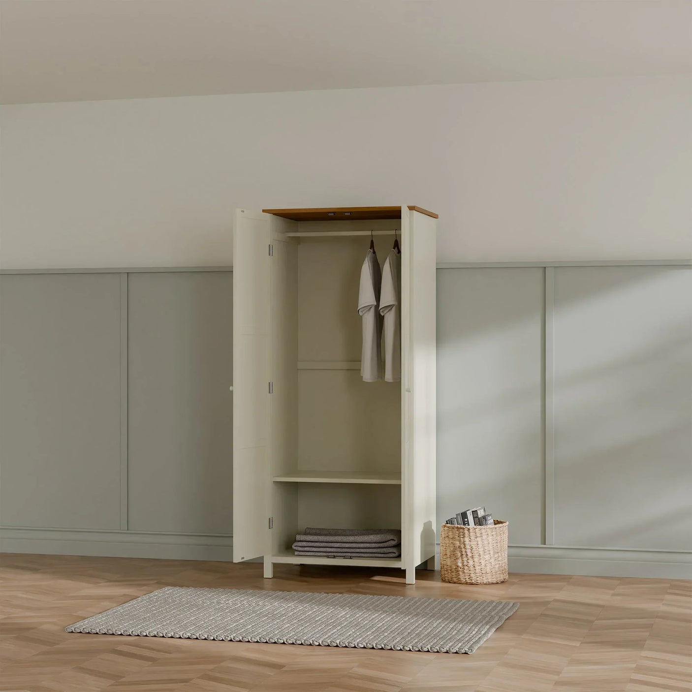 Ivory oak wardrobe with open doors, hanging rail, shelf, and folded linens in modern room
