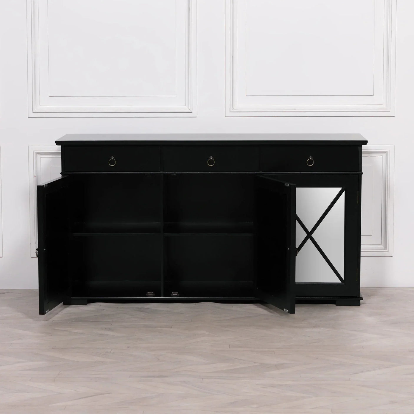 Black sideboard with open doors, mirrored panel, shelves, and three drawers