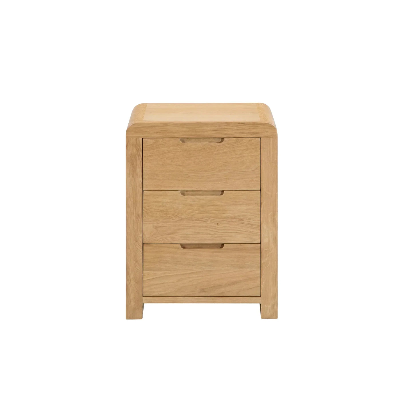 Oak bedside table with three drawers and rounded corners, front view