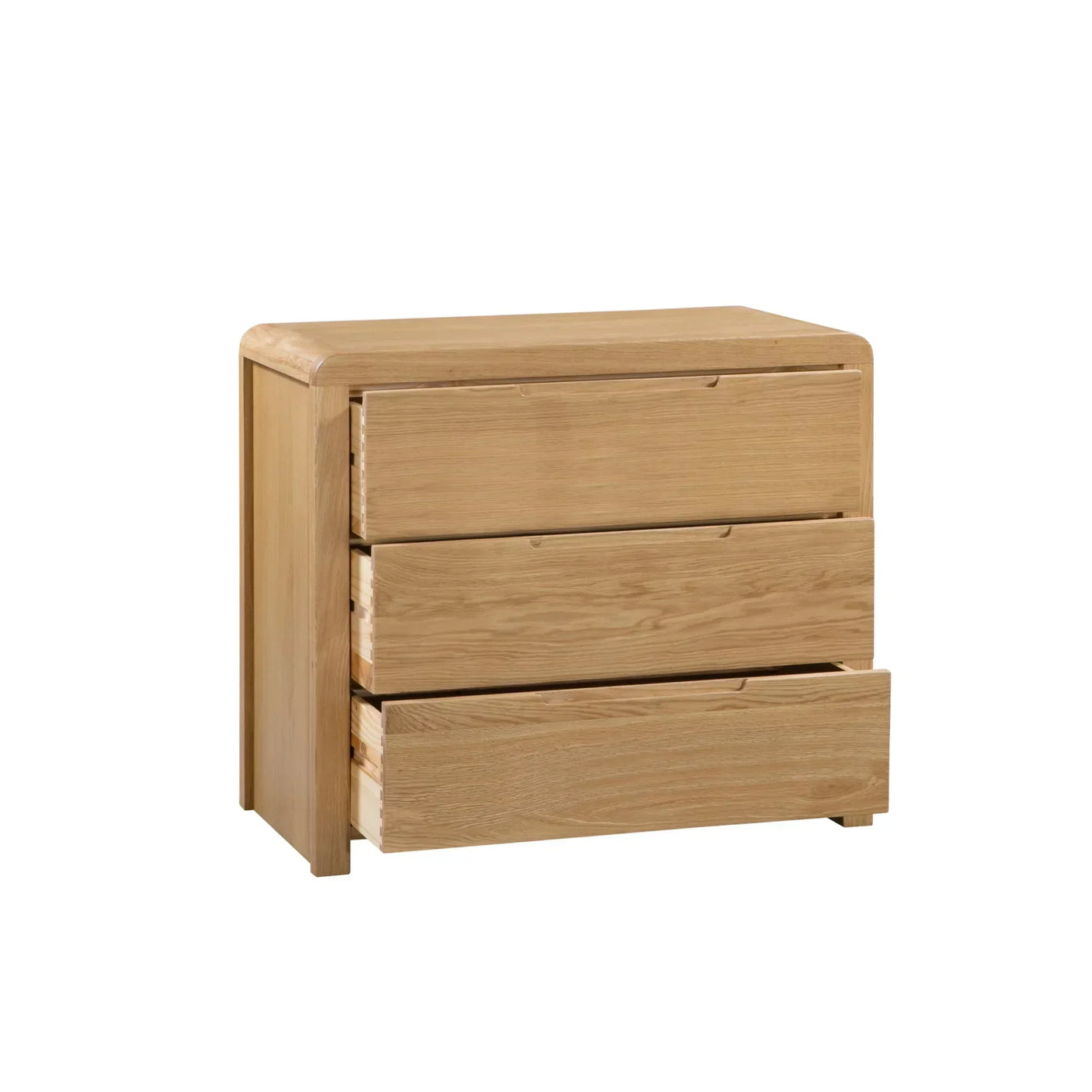 Oak 3 drawer chest with rounded corners and bottom drawer open on white background