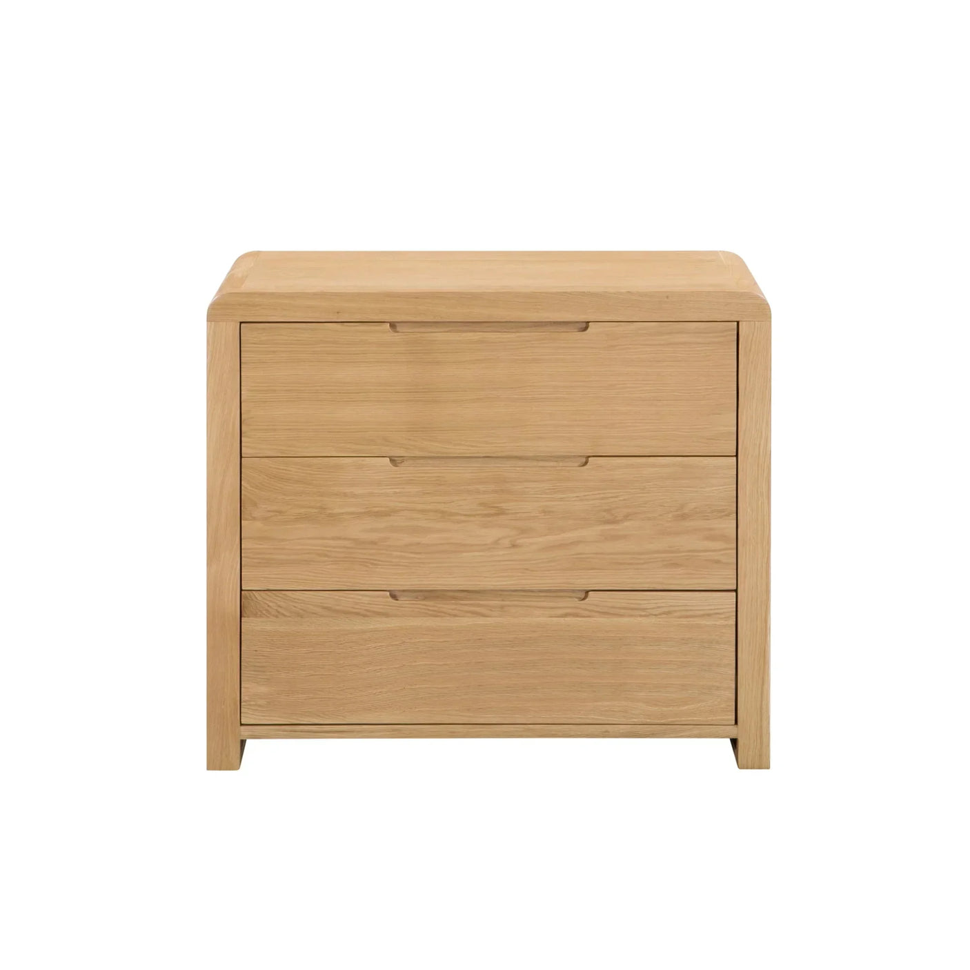 Oak three drawer chest with curved corners and recessed handles, front view