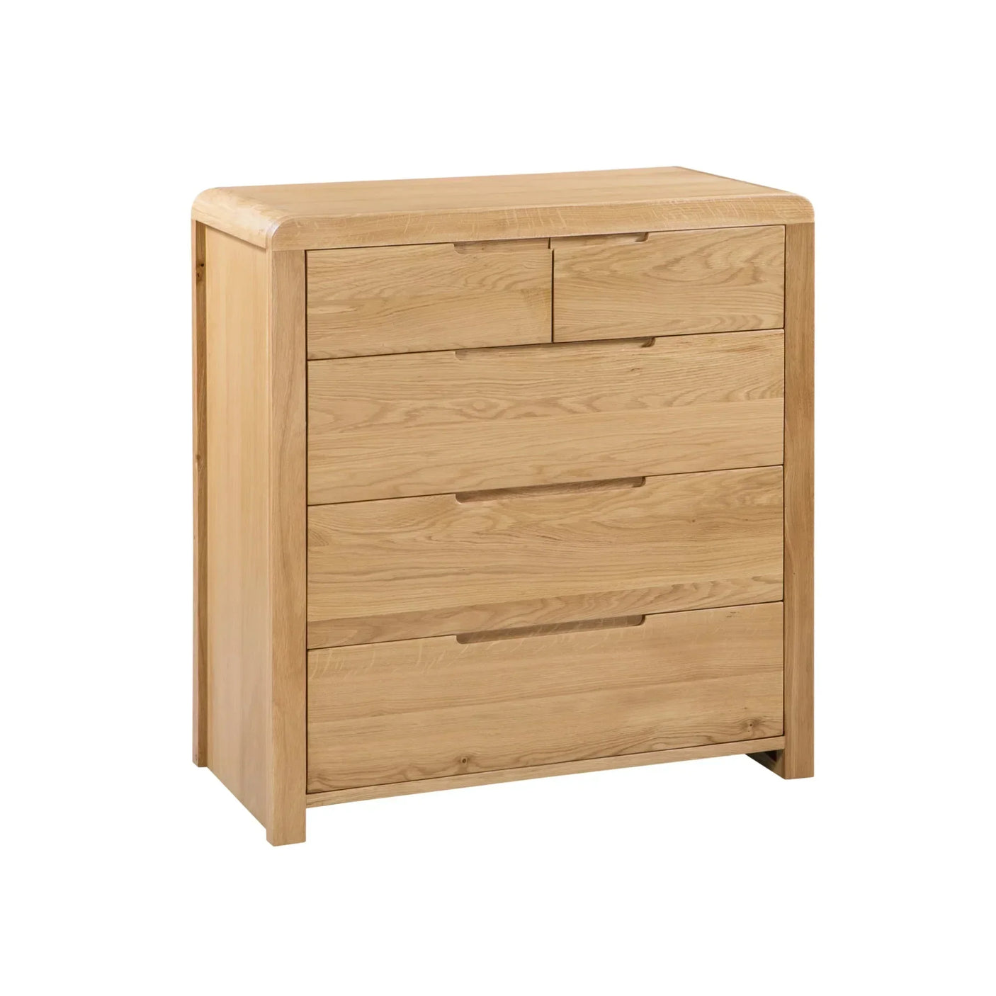 Oak wood 3 2 drawer chest with rounded corners and flat front, angled view